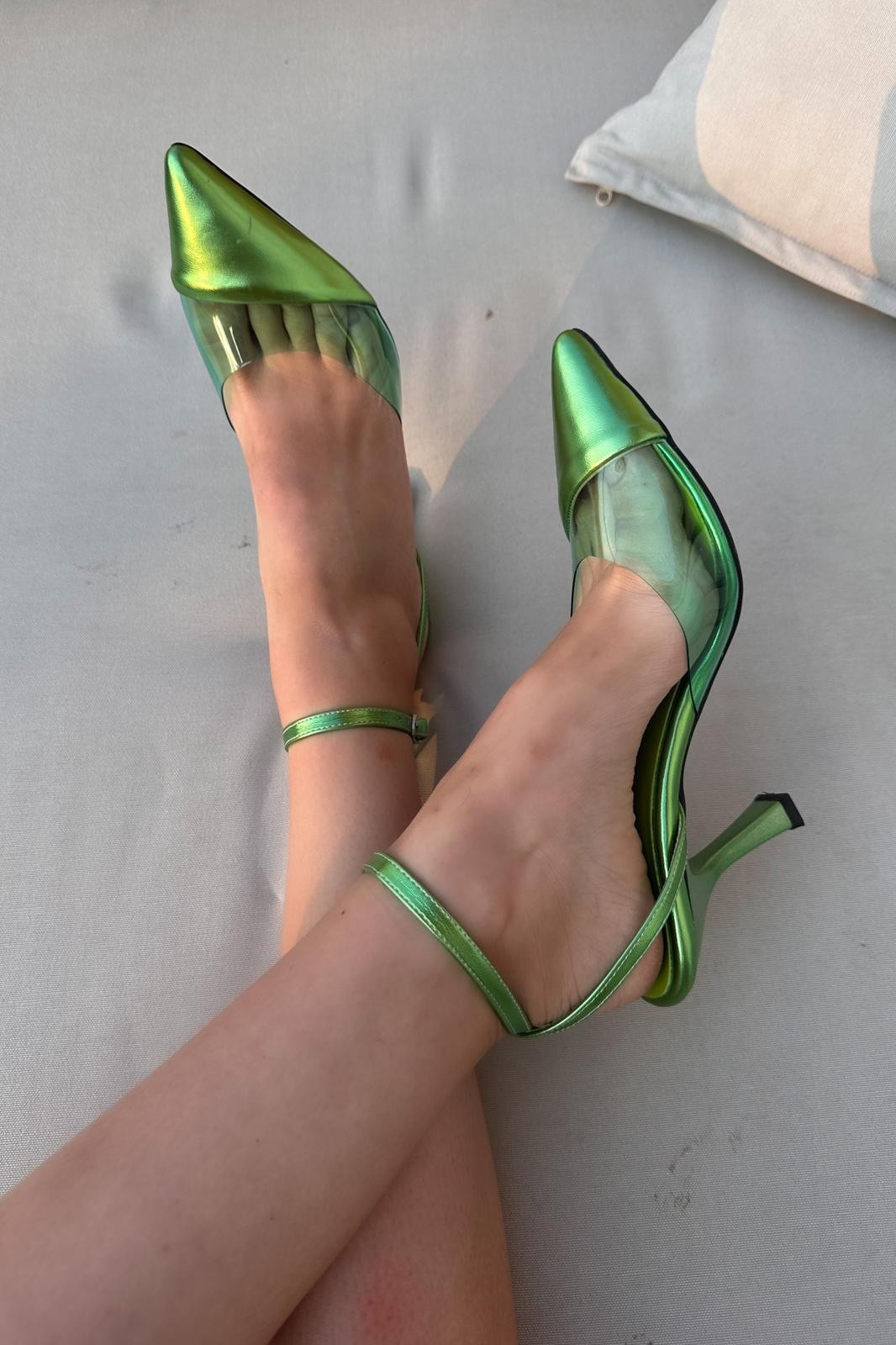 Stylish Zara Green Vinyl Sling Back Heels