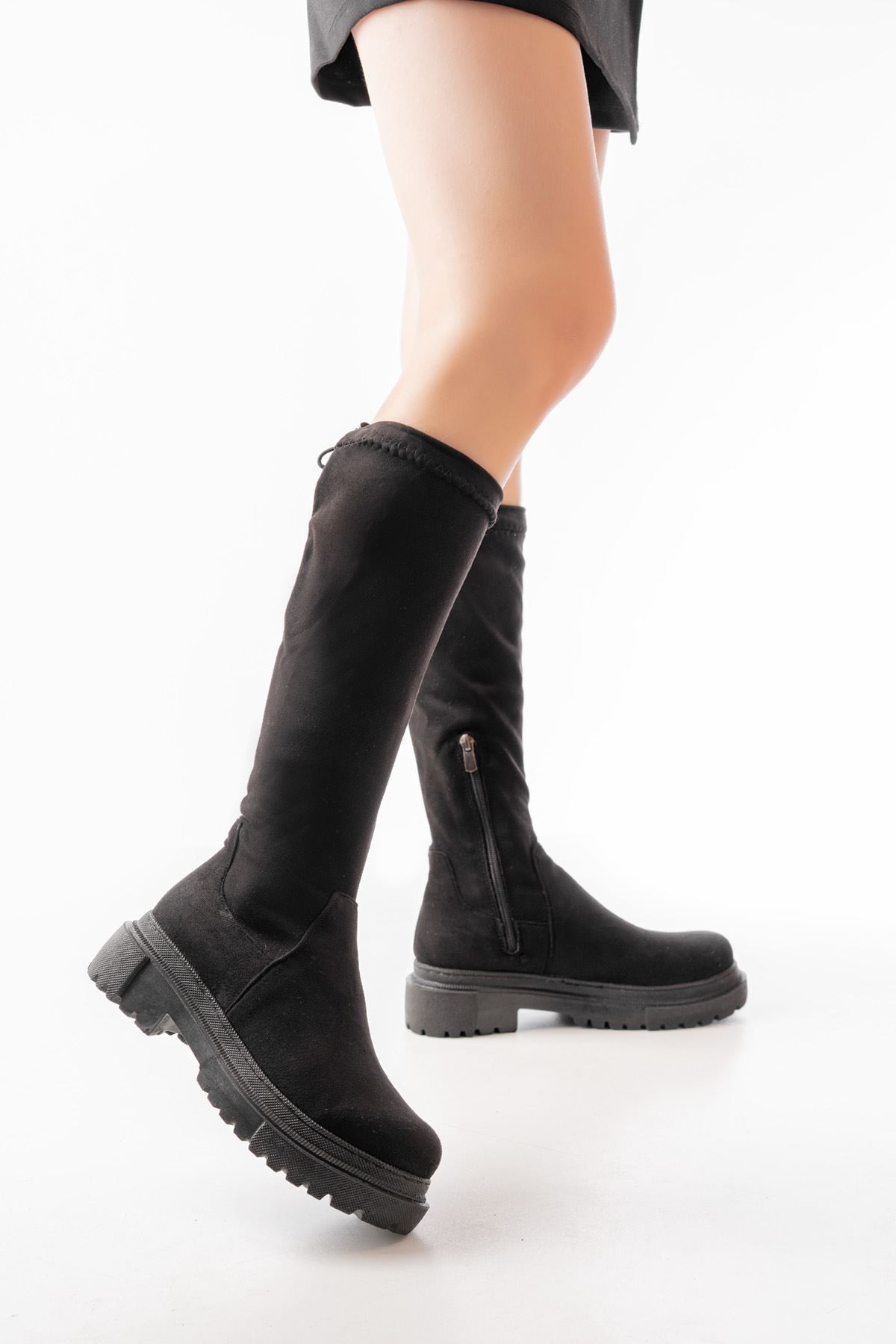 Sovya Suede Black Zipper Women's Boots