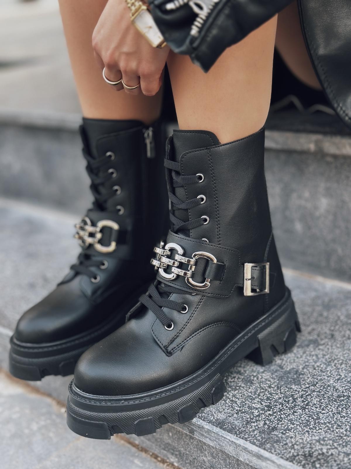 Mikos Matte Leather Chain Detailed Women's Boots Black