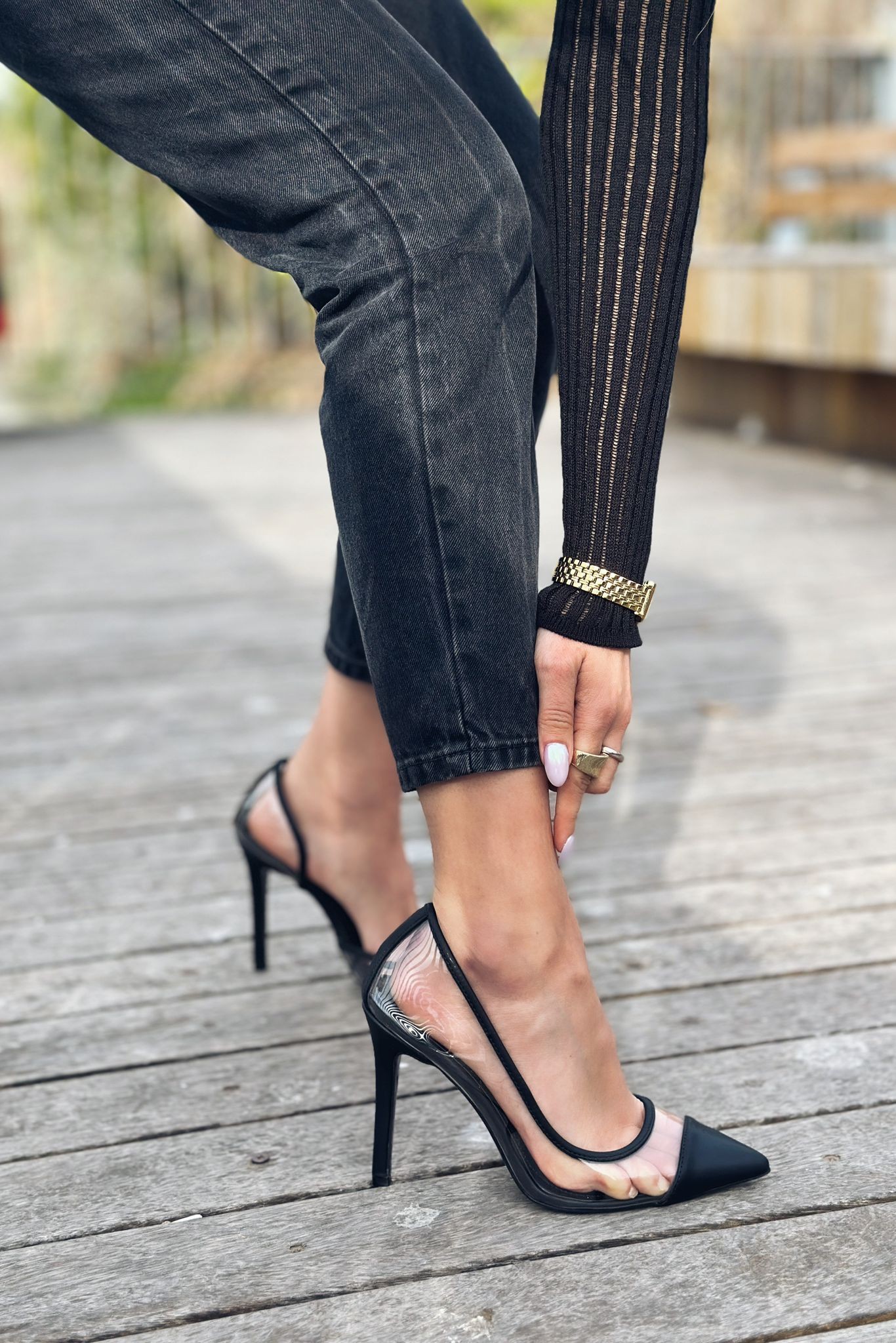 Ronse Matte Leather Transparent Stiletto Black