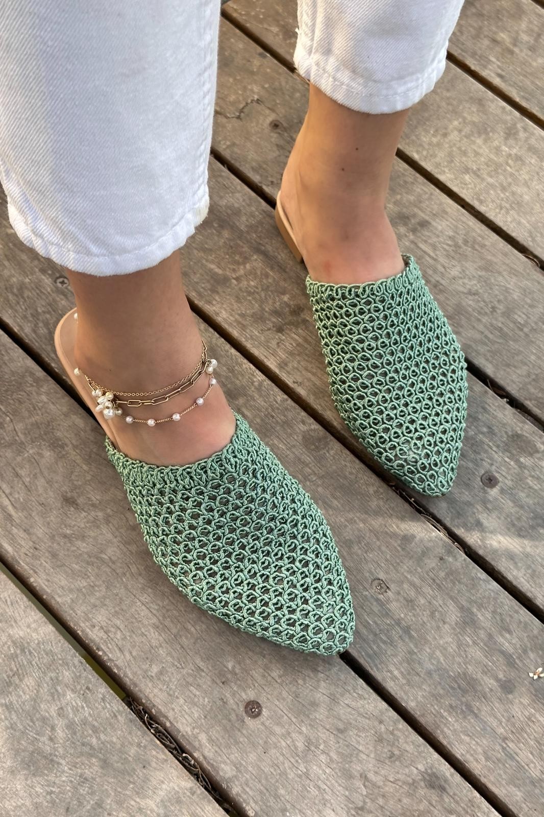 Tefons Knitting Woman Slippers Mint Green