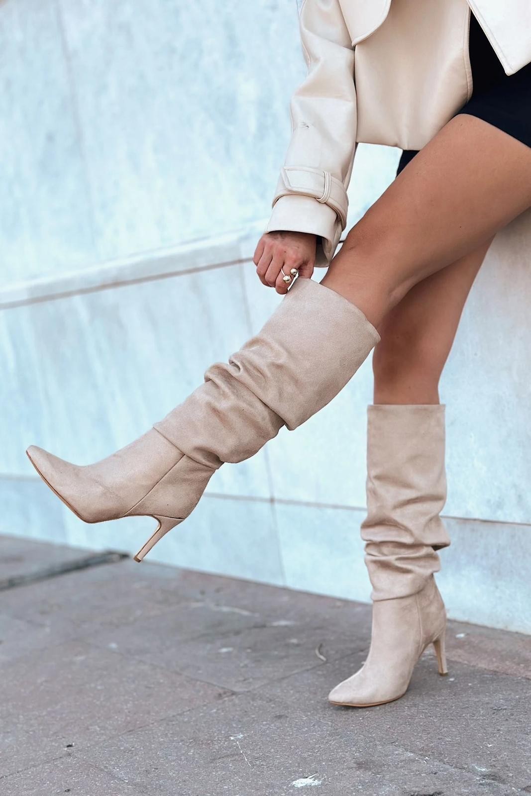 Sollet Beige Gathered Heeled Women's Boots