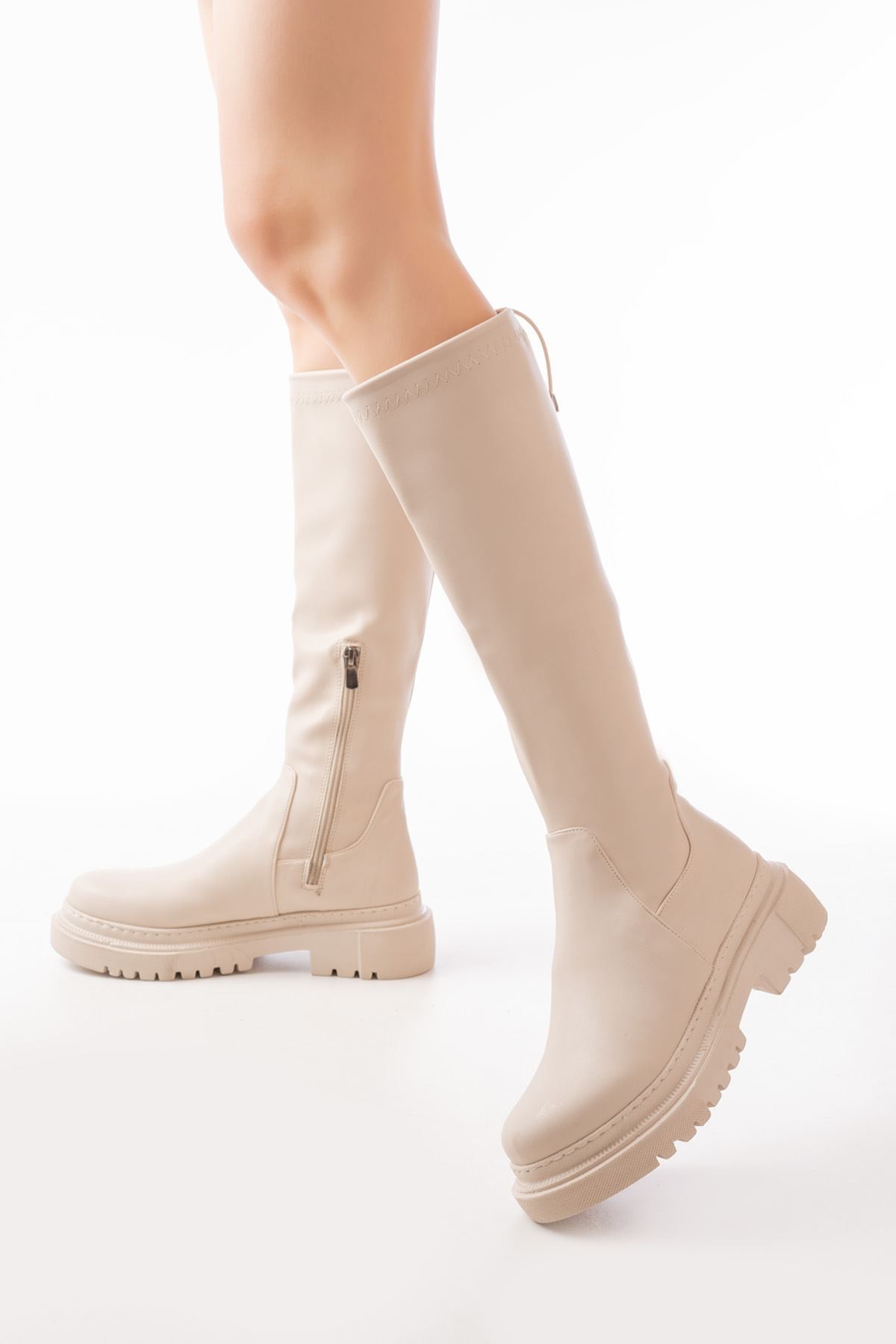 Sovya Beige Zipper Women's Boots