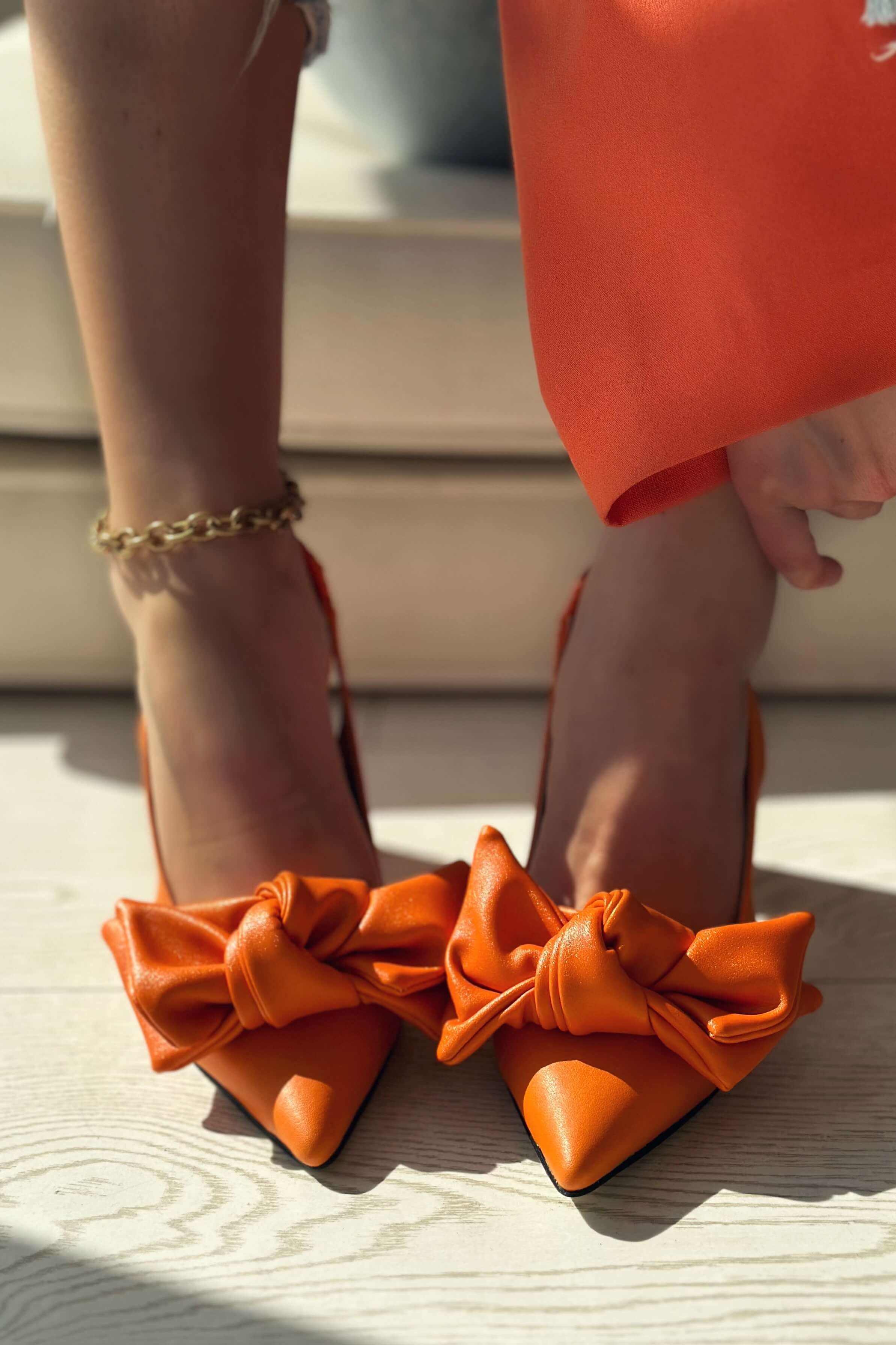 Colisna matte leather ribbon detailed female stiletto orange