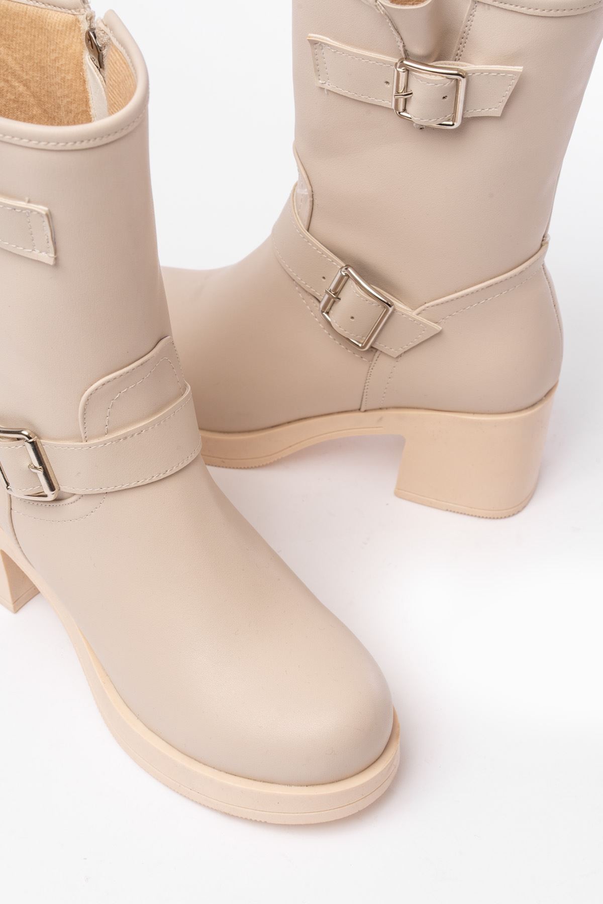 Kalora Beige Zipper Heel Women's Boots