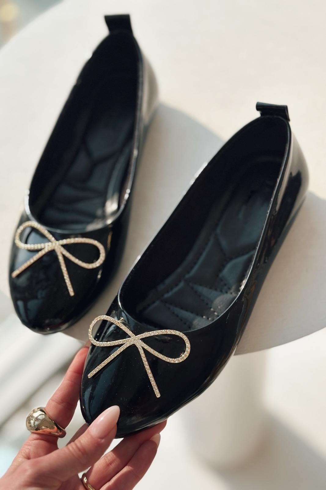 Jady Patent Leather Stone Ribbon Detailed Babet Black