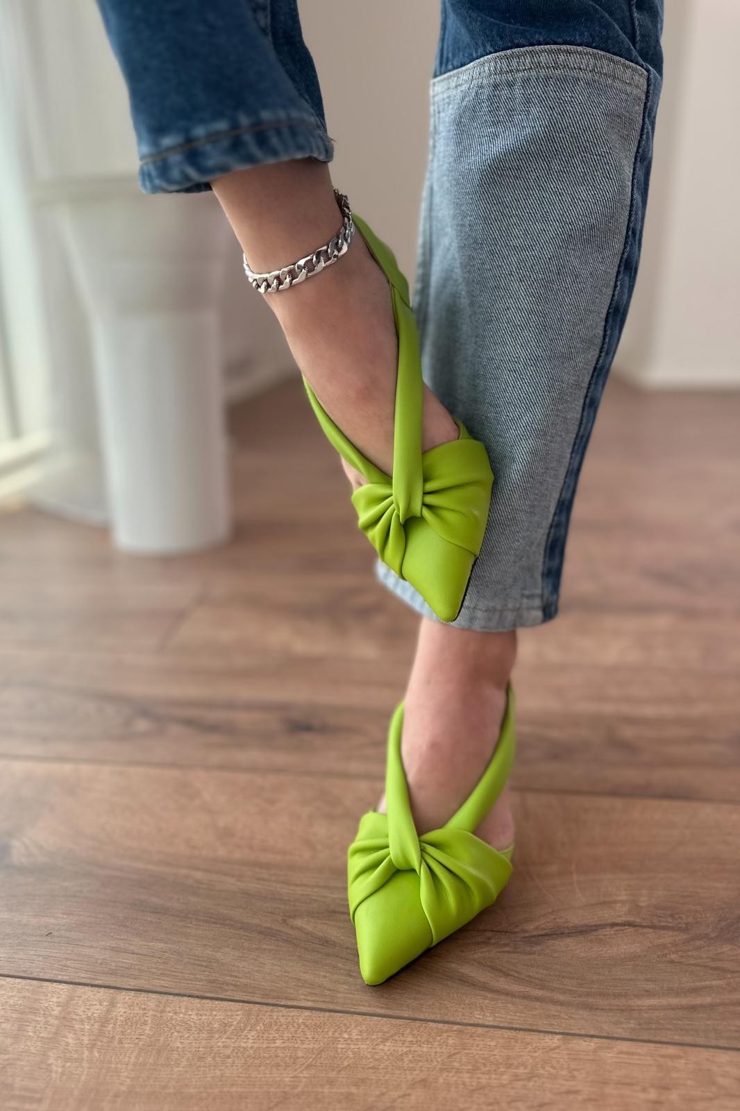 Anesta Mat Deri Kısa Topuklu Kadın Stiletto Yeşil