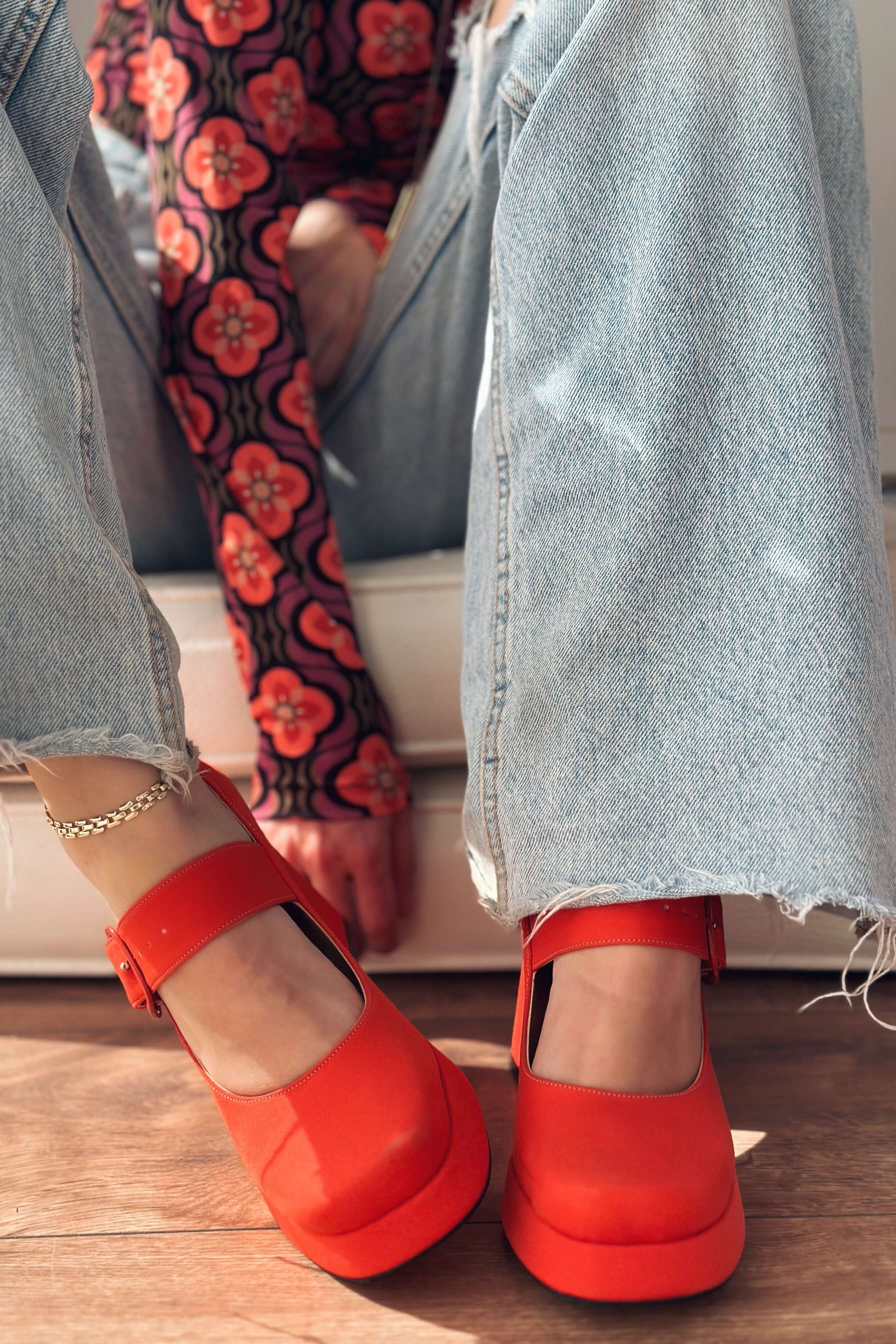 Alpons Saten Kadın Platform Topuklu Ayakkabı Turuncu