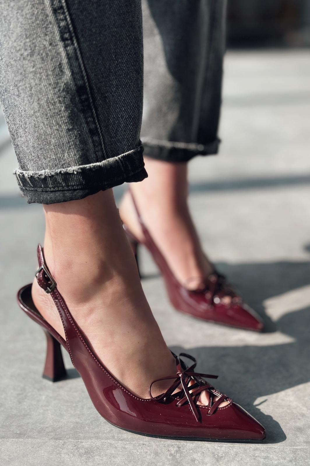 Cherry Wiony Patent Leather Ribbon Detailed Stiletto Burgundy