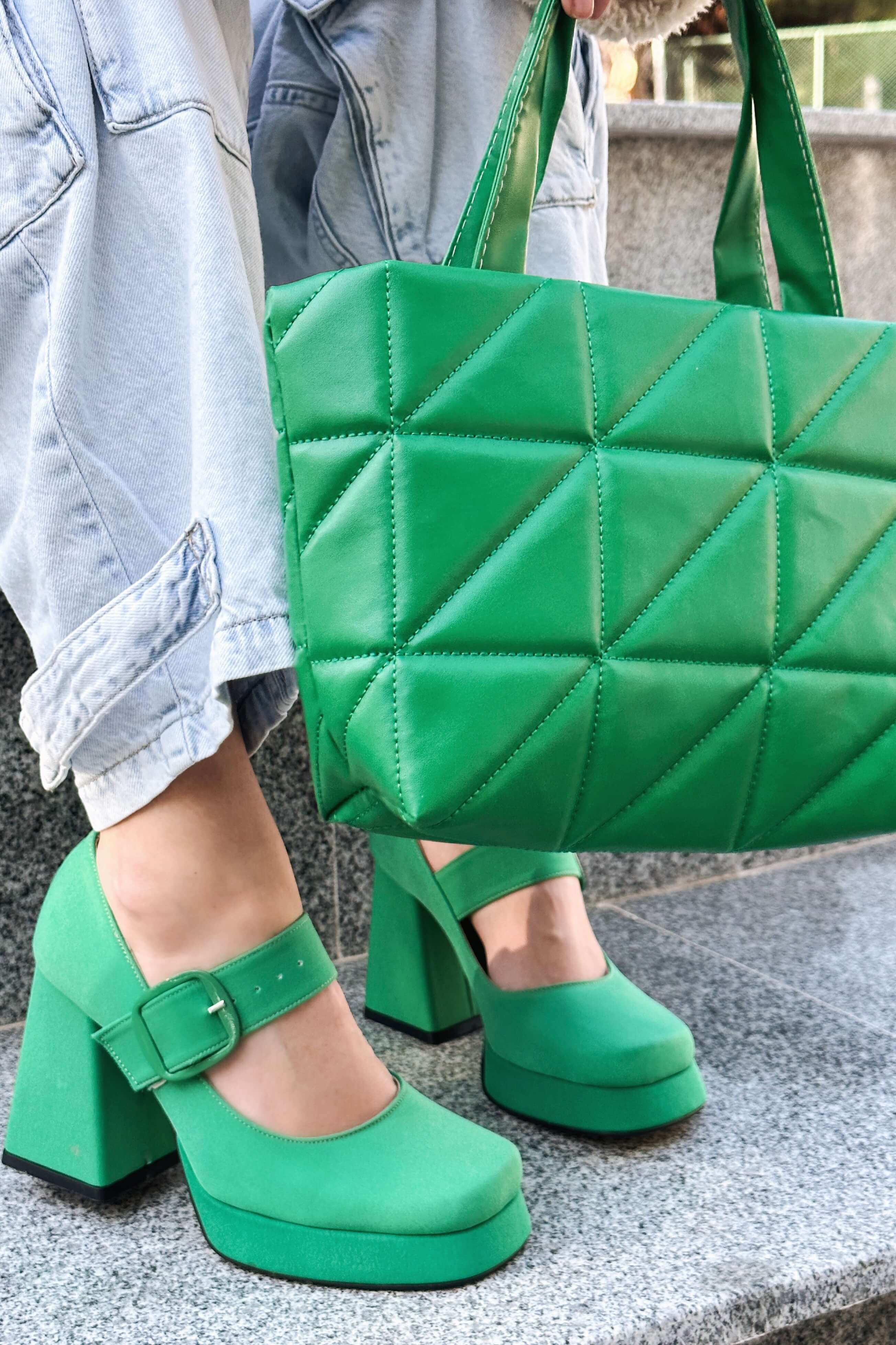 Alpons Saten Kadın Platform Topuklu Ayakkabı Yeşil