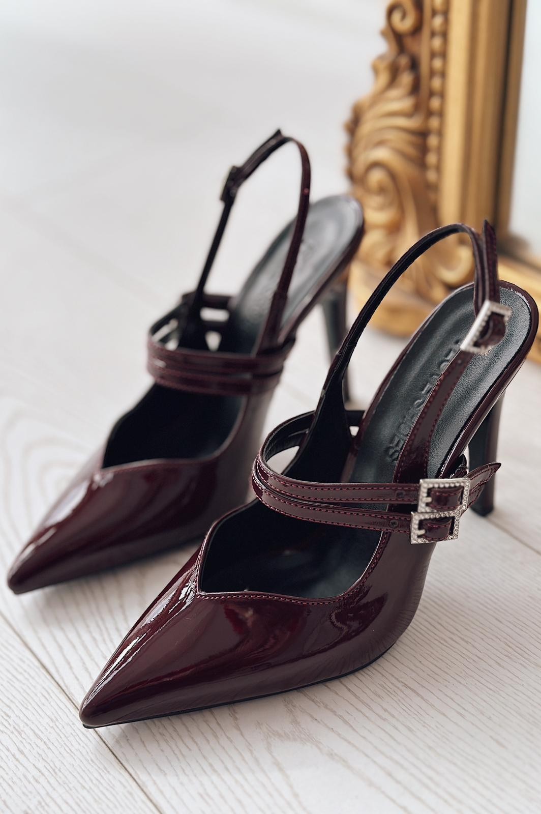 Pontes Patent Leather Stone Buckle Detailed High Heeled Stiletto Burgundy