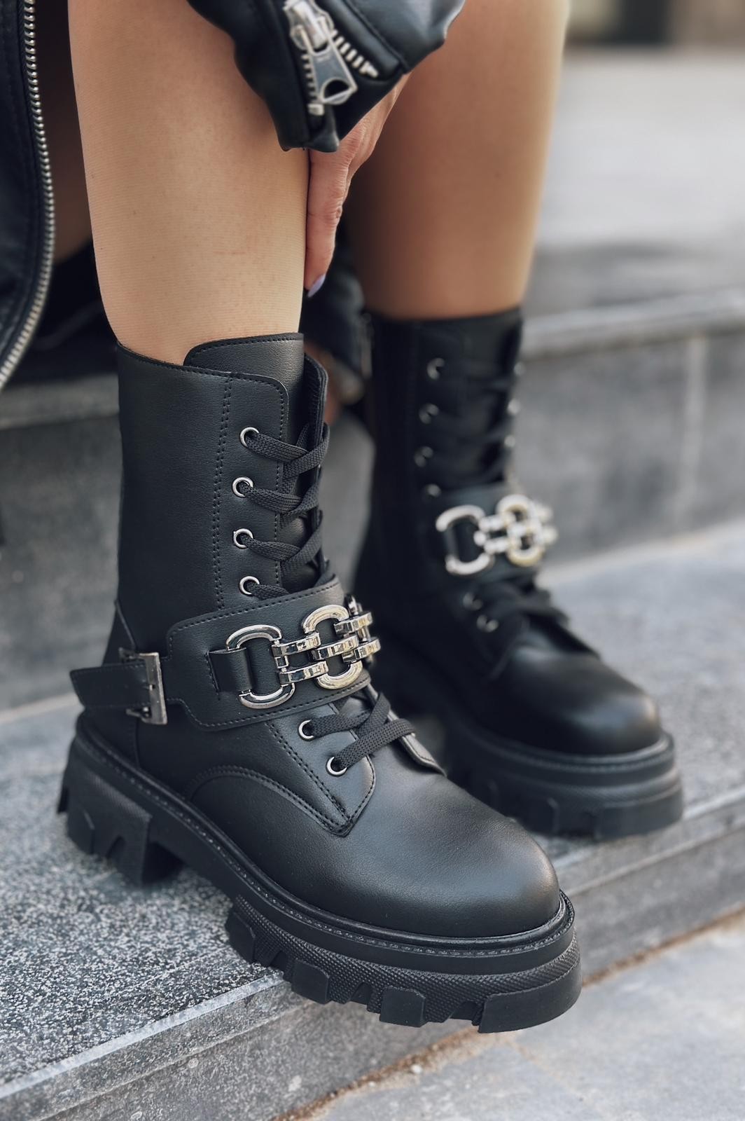 Mikos Matte Leather Chain Detailed Women's Boots Black