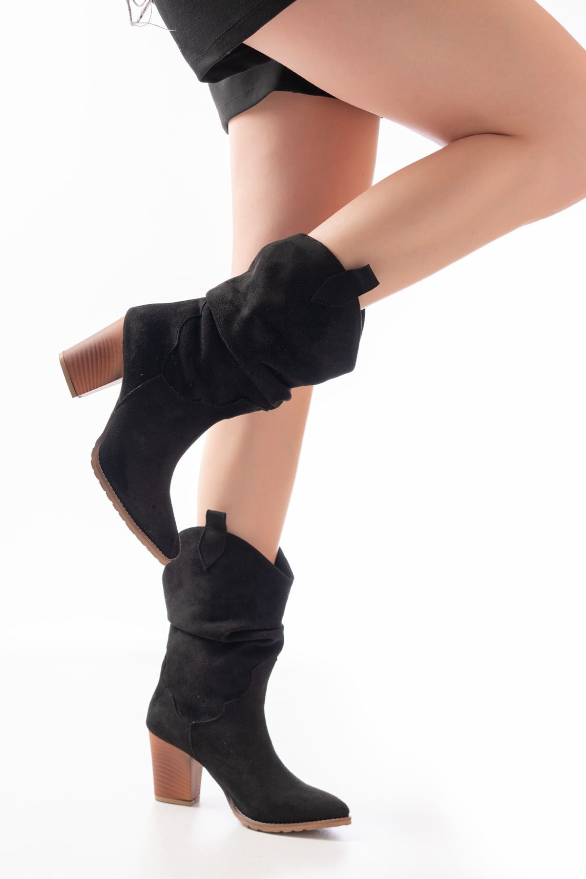 Trevia Black Suede Gathered Heel Women's Boots