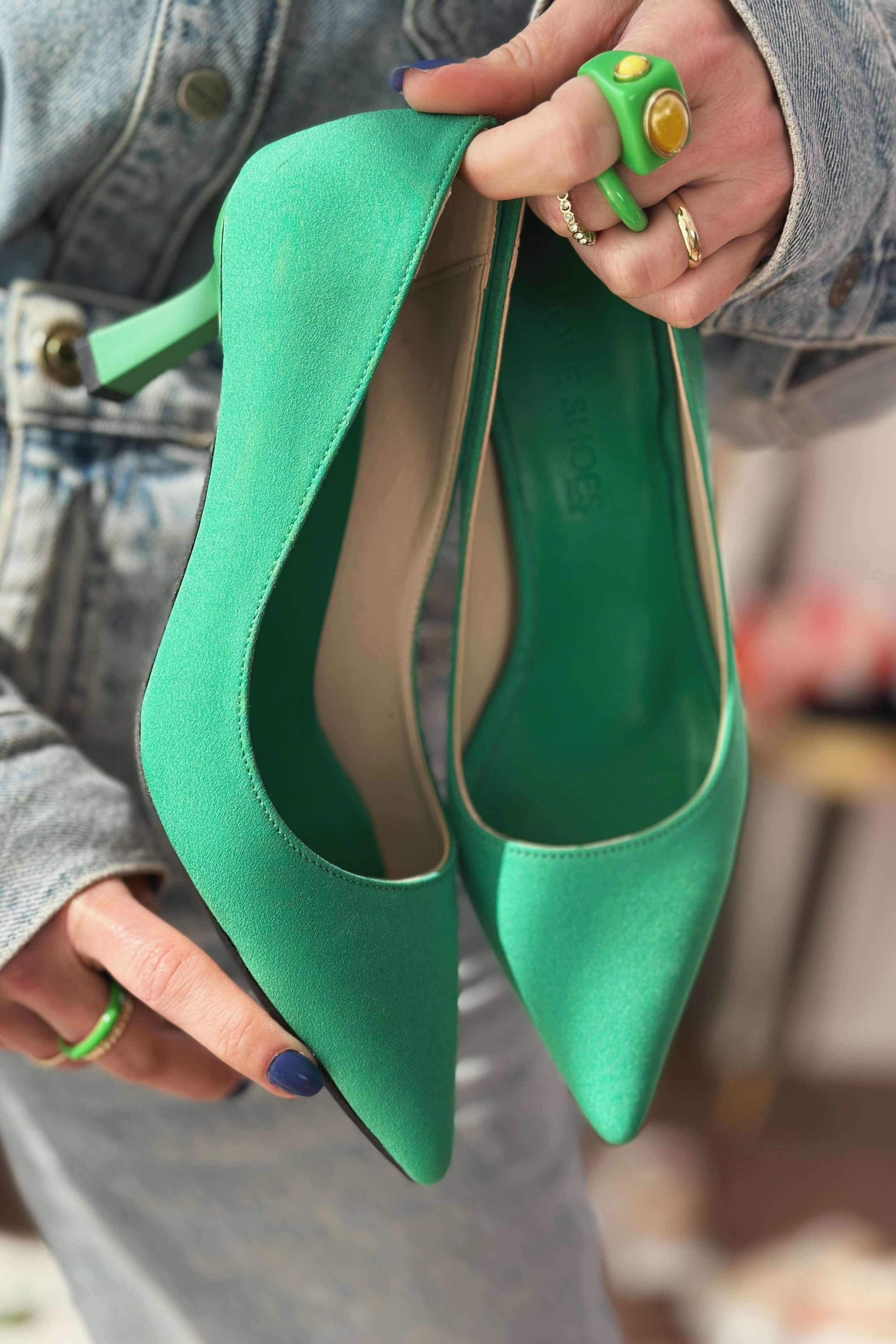 Lora Saten Kısa Topuklu Kadın Stiletto Yeşil