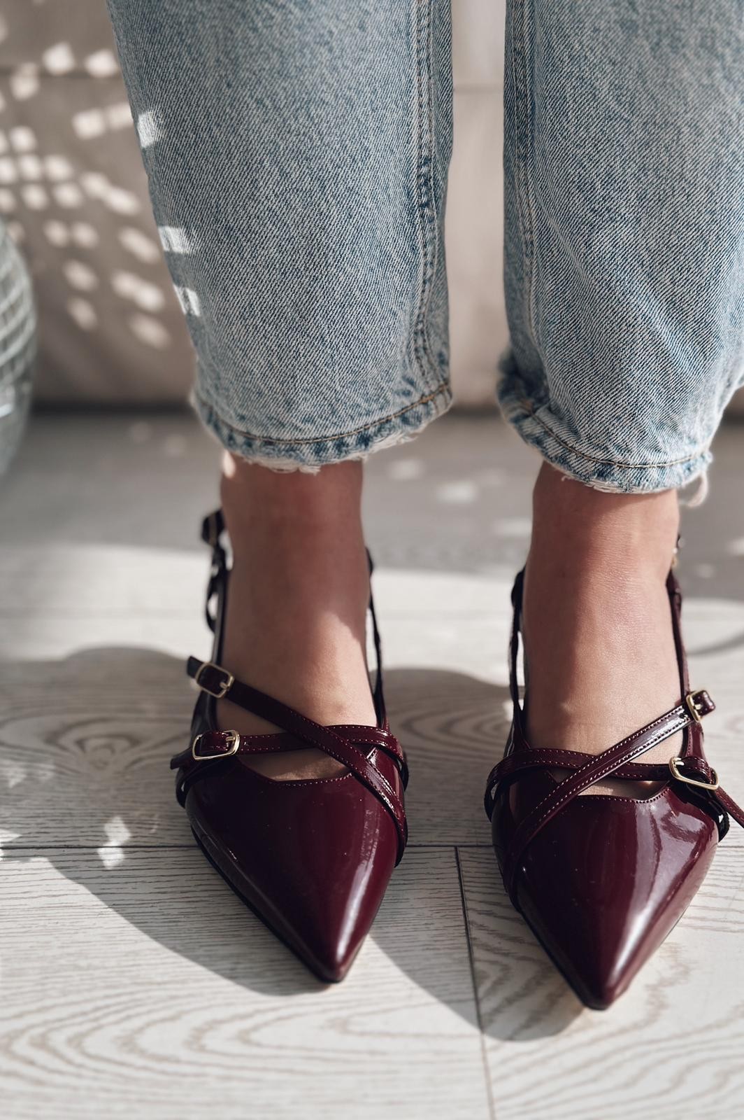 Pejox Patent Leather Buckle Detailed Short Heeled Stiletto Burgundy