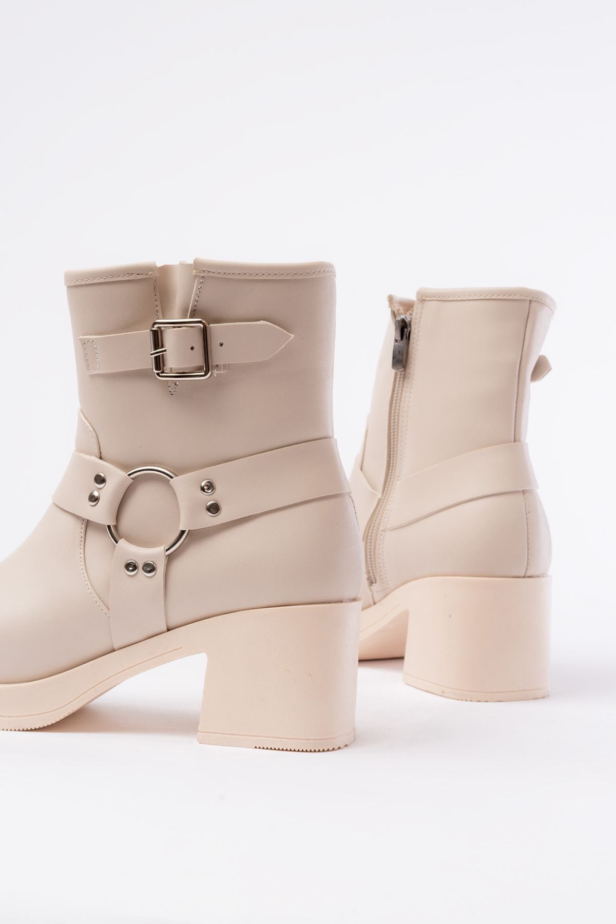 Lobixa Beige Zipper Heel Women's Boots