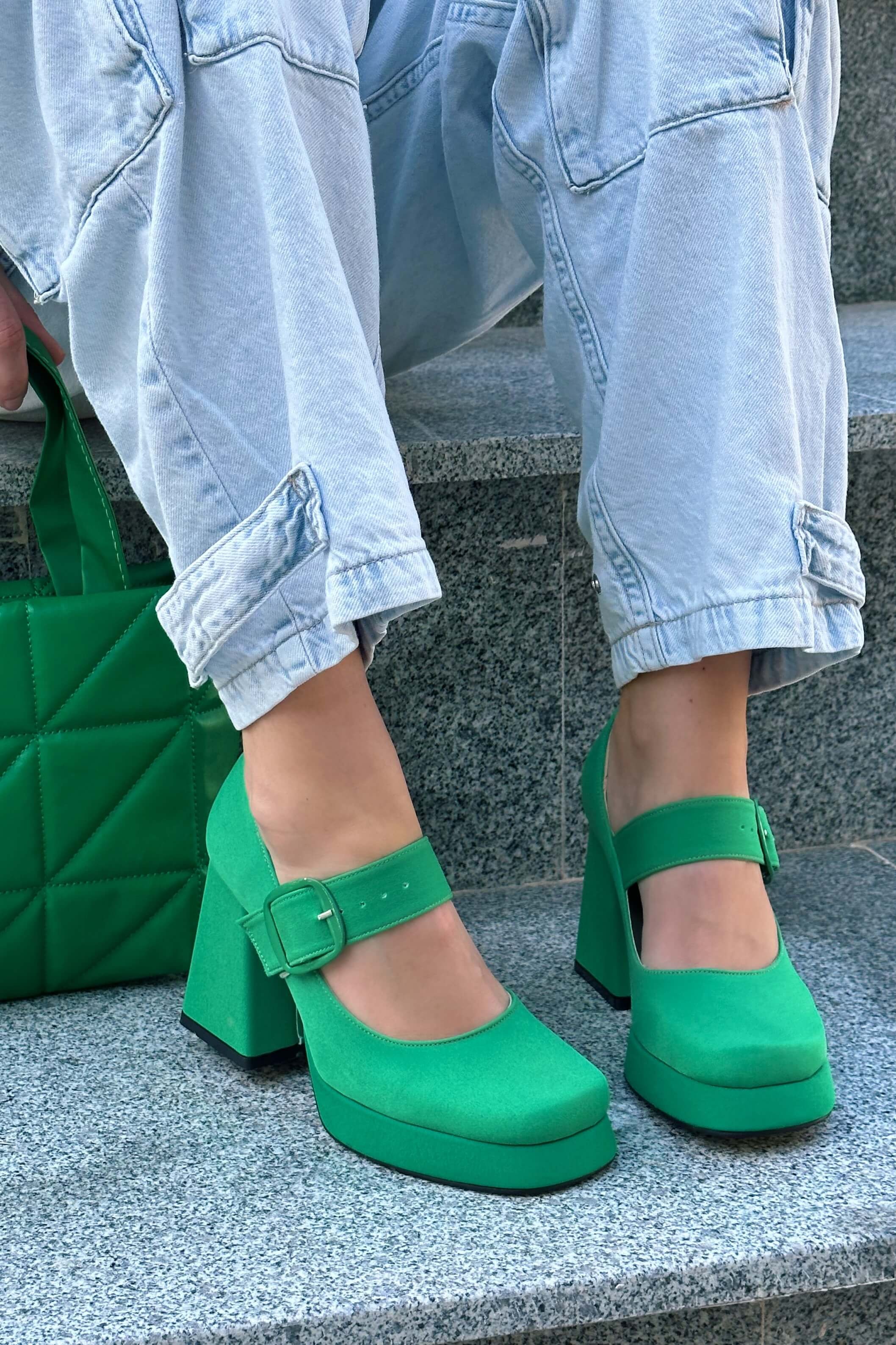 Alpons Saten Kadın Platform Topuklu Ayakkabı Yeşil