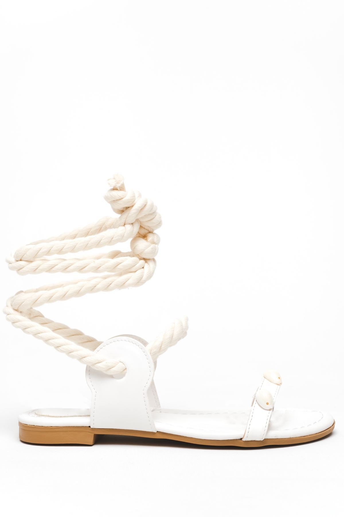 Nerisa Mat Deri Örgü İp Detaylı Sandalet Beyaz