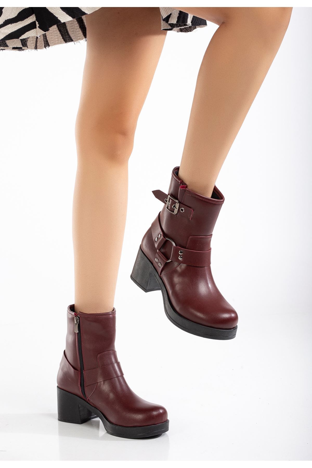 Lobixa Burgundy Zipper Heeled Women's Boots