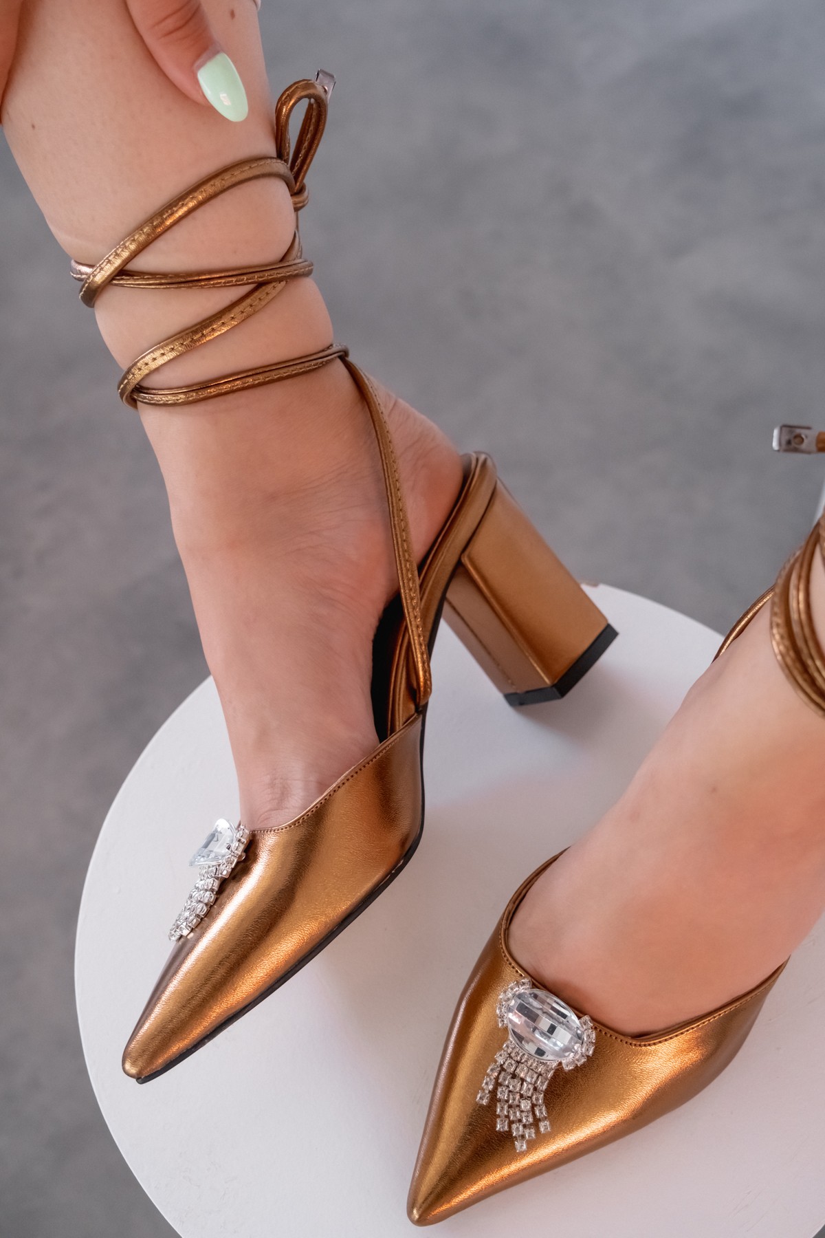 Teldina bright satin leather high heeled stiletto bronze