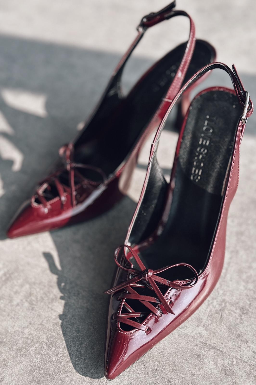 Cherry Wiony Patent Leather Ribbon Detailed Stiletto Burgundy