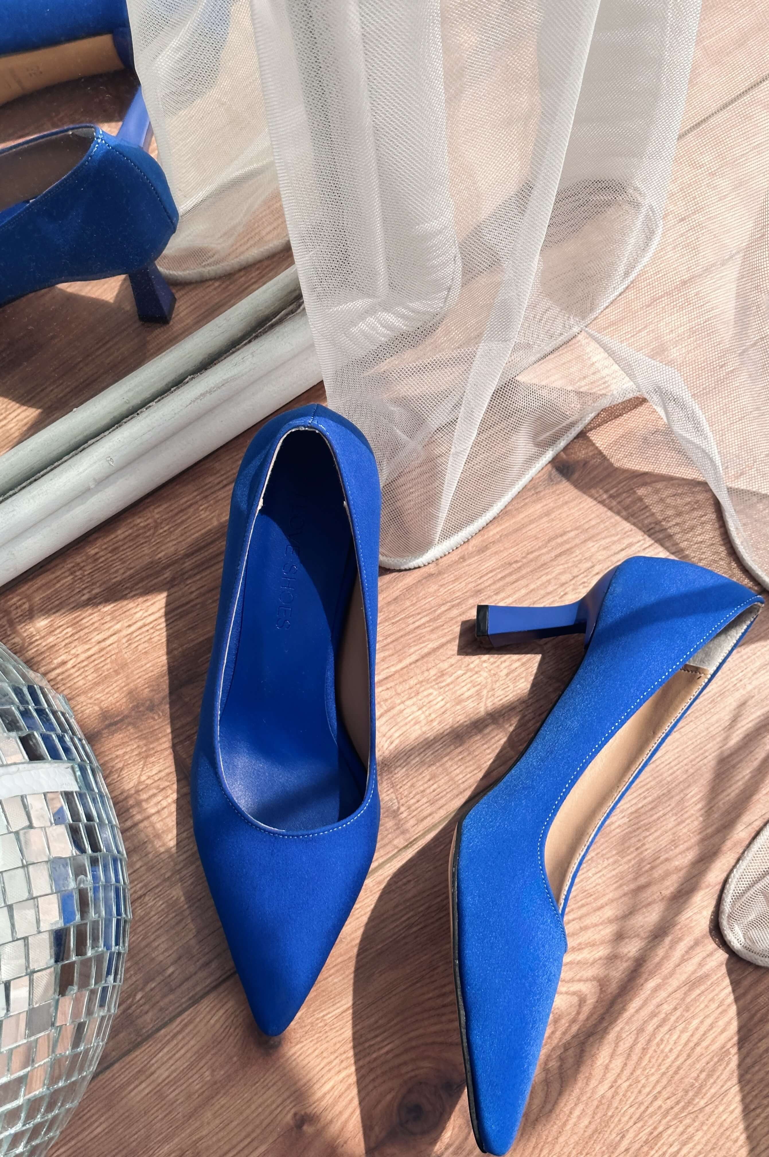 Lora Saten Kısa Topuklu Kadın Stiletto Saks Mavi