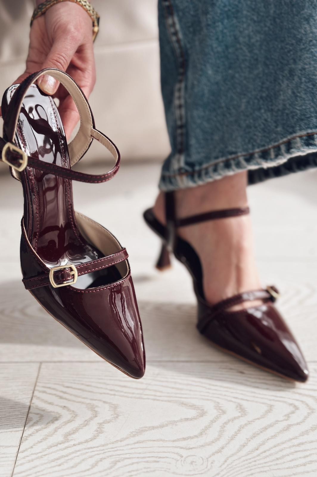 Cherry Lina Patent Leather Stiletto Short Heels with Buckle Detail Burgundy