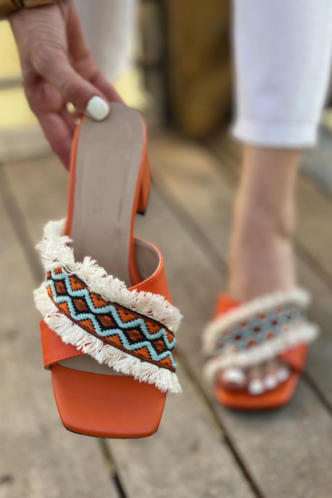 Navins Ethnic Pattern Short Heeled Slippers Orange