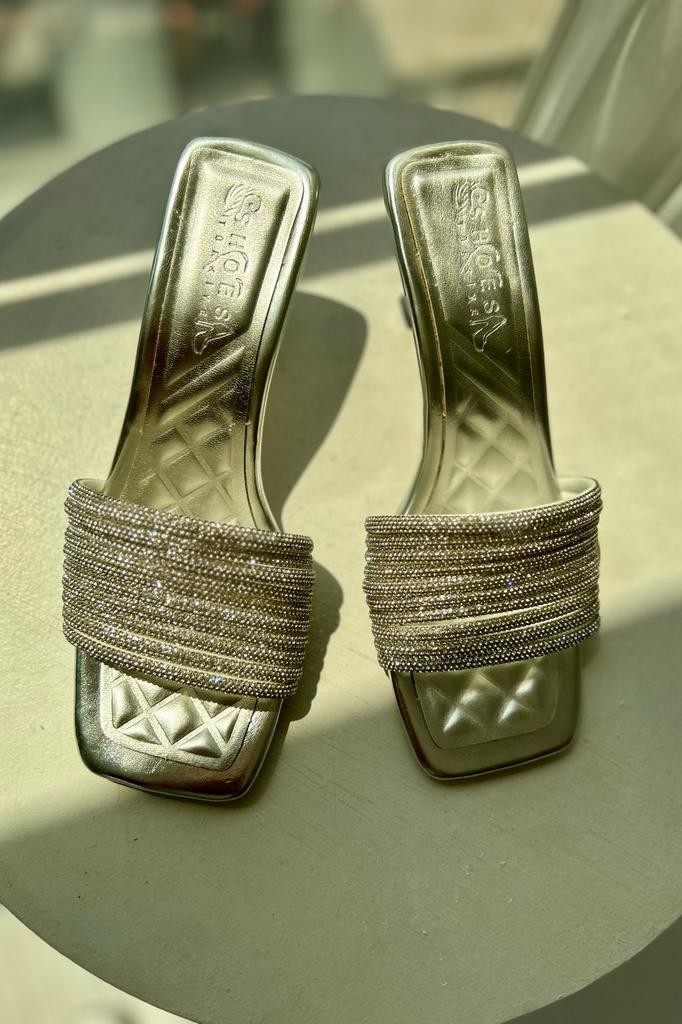 Panix Stone Detailed High Heel Slipper Silver