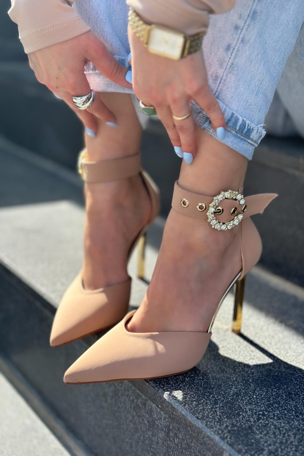 Roslena Satin Ankle Strap Stiletto with Stone Detail Nude