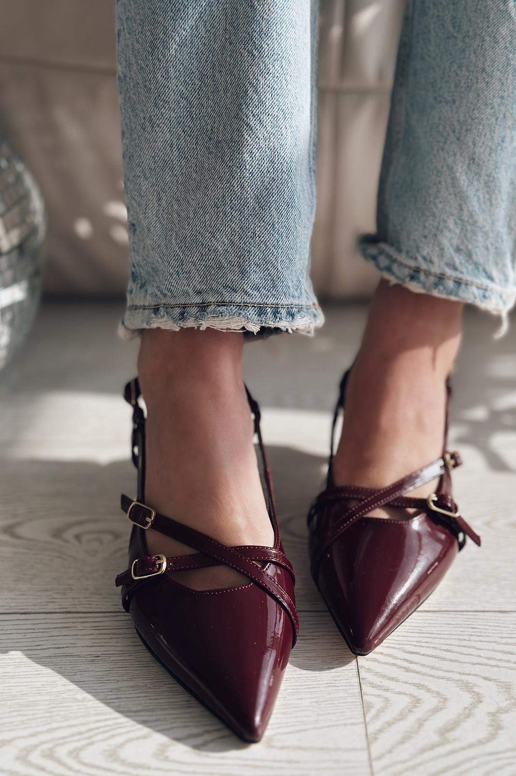 Pejox Patent Leather Buckle Detailed Short Heeled Stiletto Burgundy