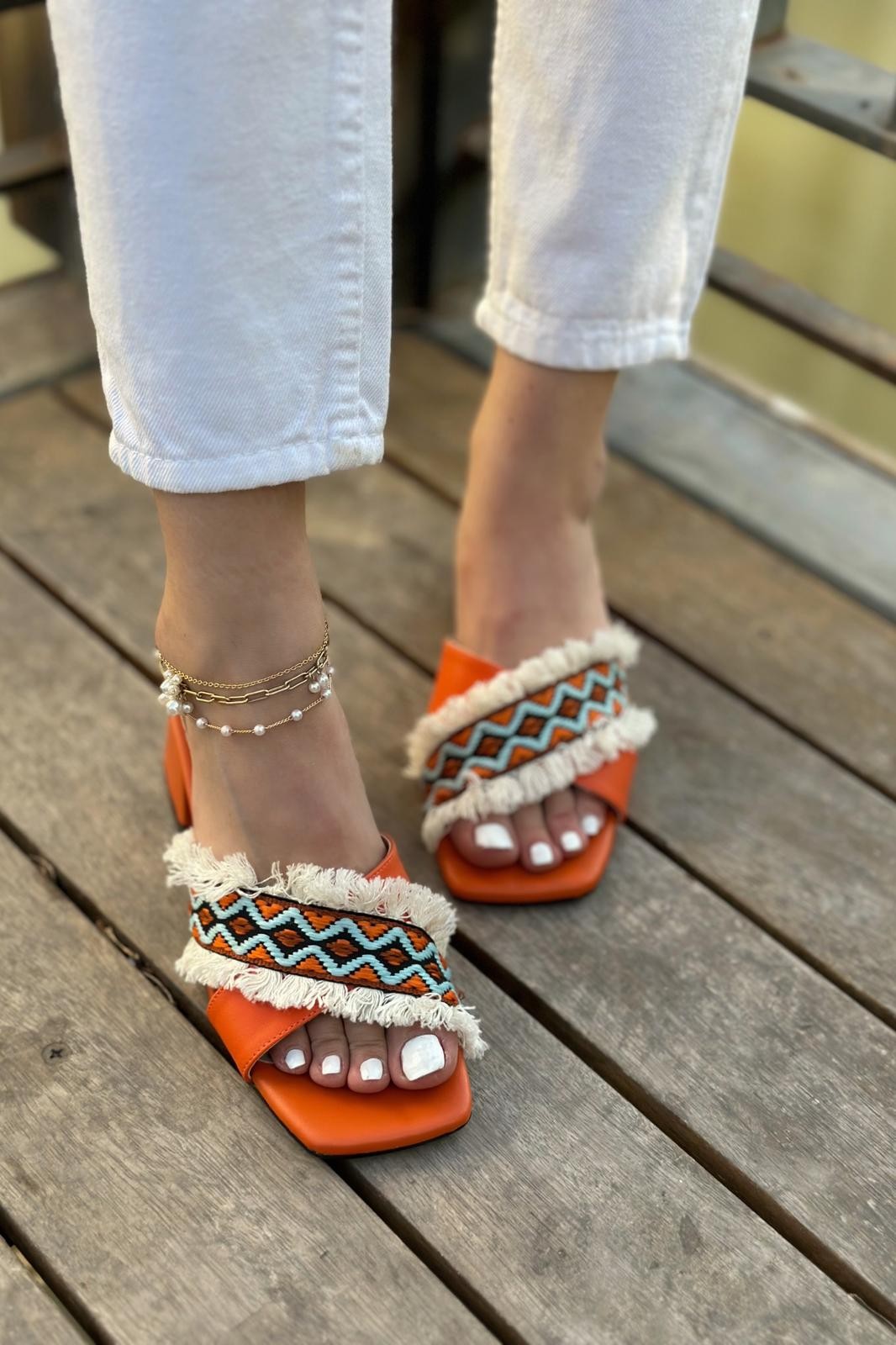 Navins Ethnic Pattern Short Heeled Slippers Orange