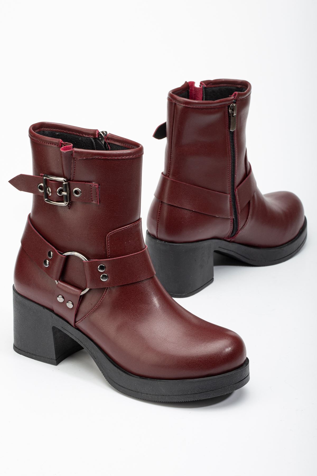 Lobixa Burgundy Zipper Heeled Women's Boots