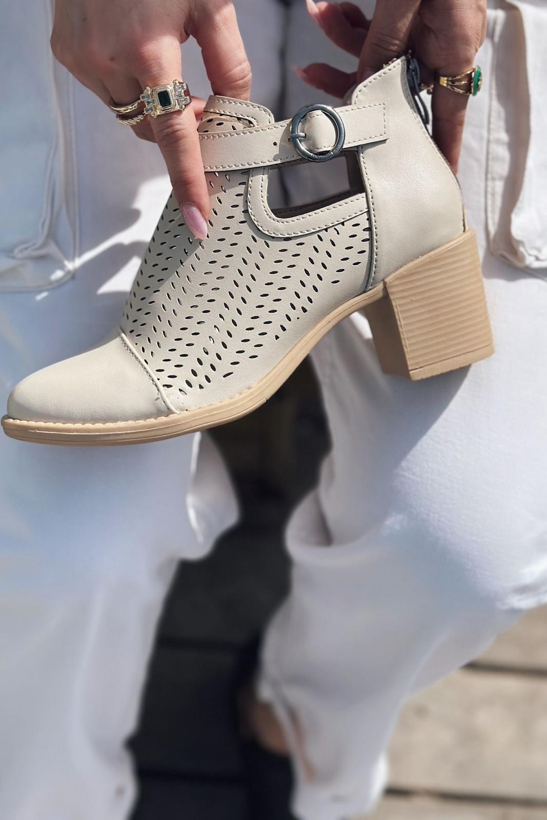 Lokes Matte Leather Perforated Summer Boots Nude