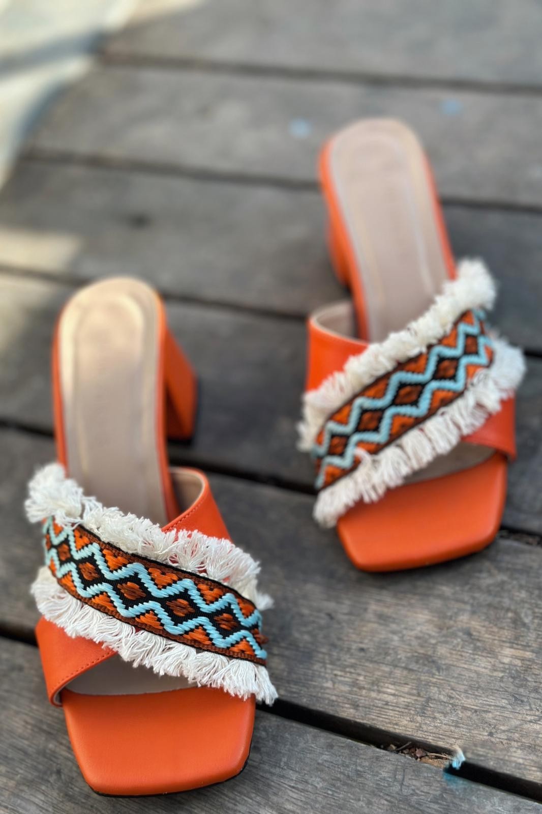 Navins Ethnic Pattern Short Heeled Slippers Orange