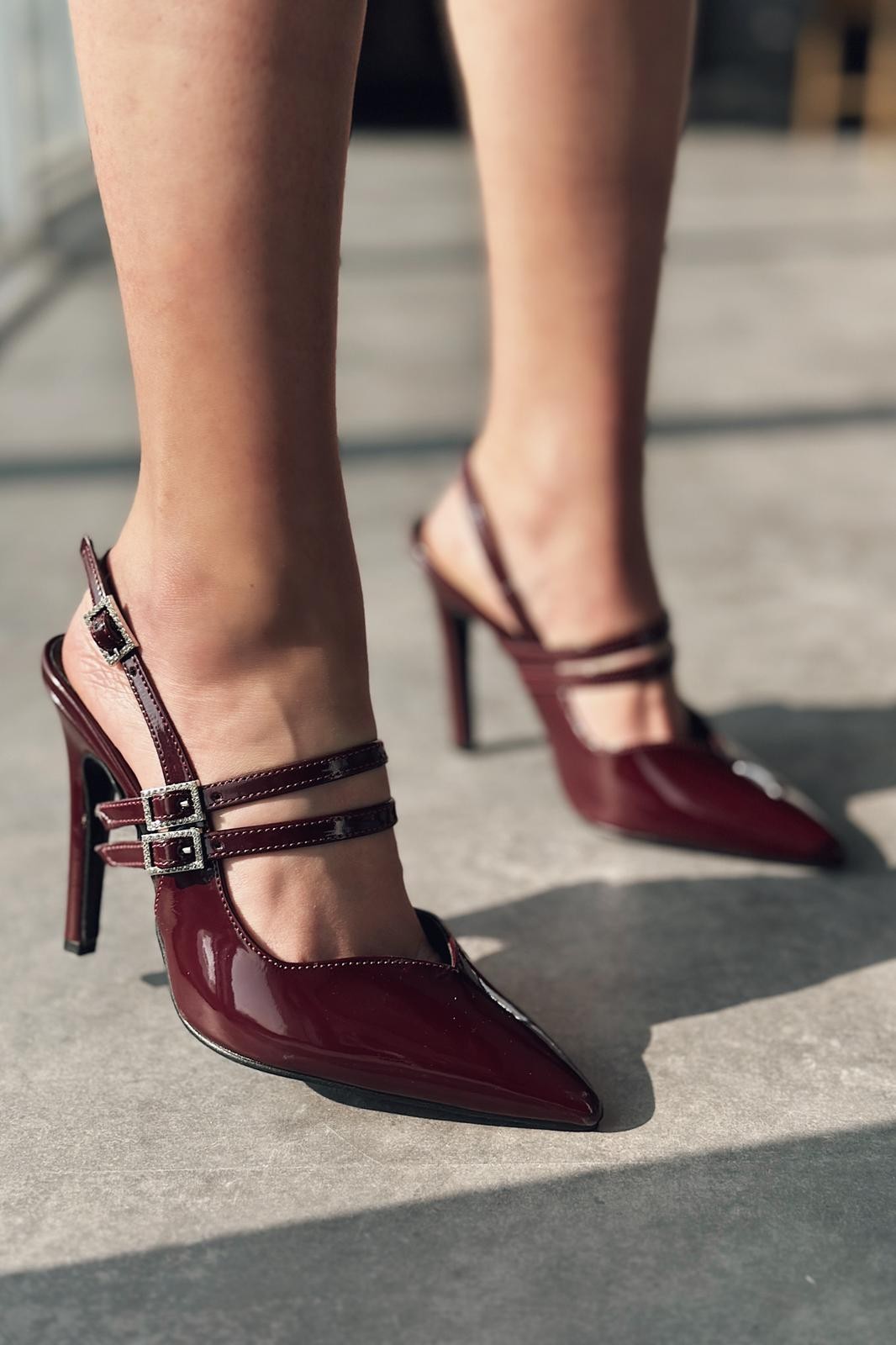 Pontes Patent Leather Stone Buckle Detailed High Heeled Stiletto Burgundy