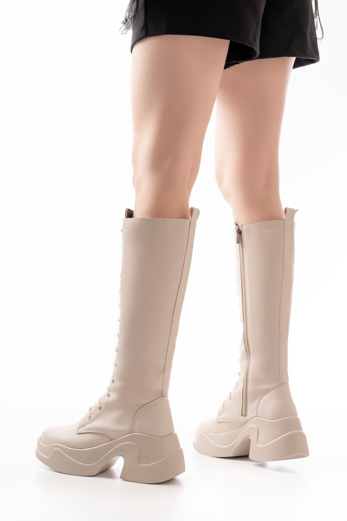 Beige Zipper Women's Boots