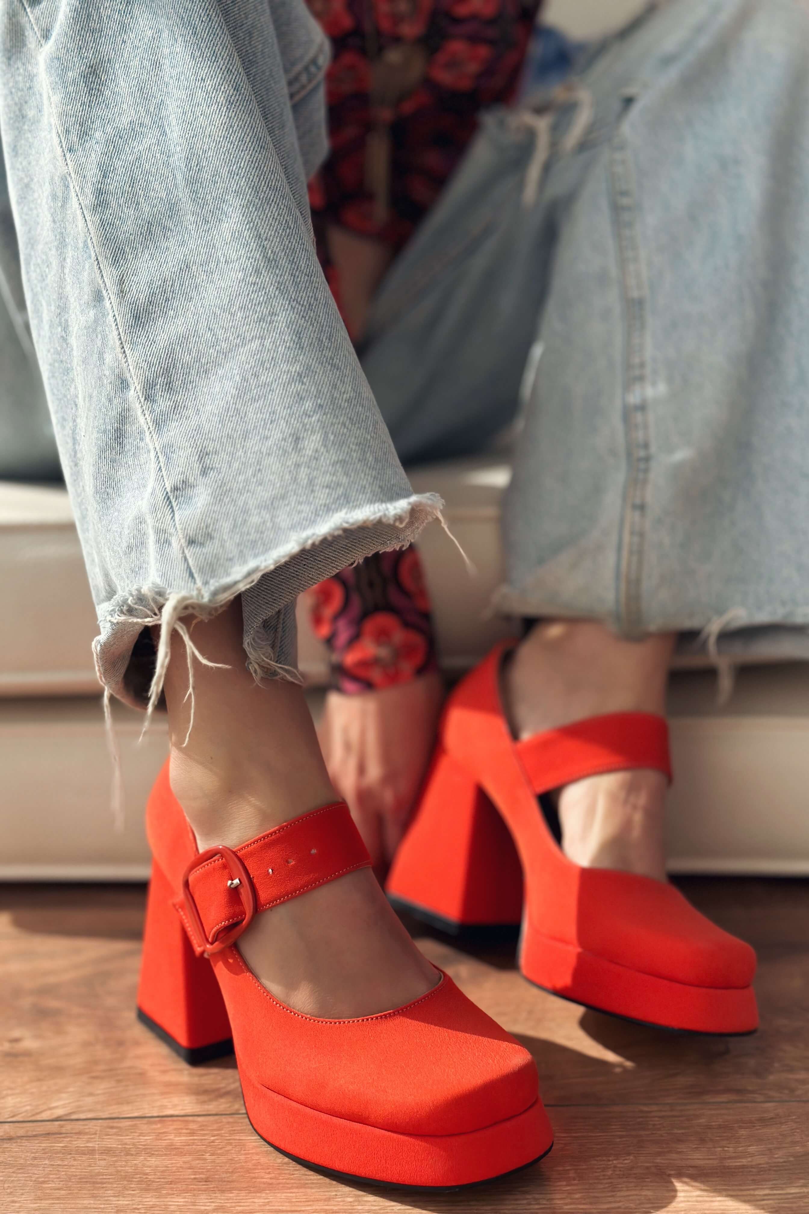 Alpons Saten Kadın Platform Topuklu Ayakkabı Turuncu