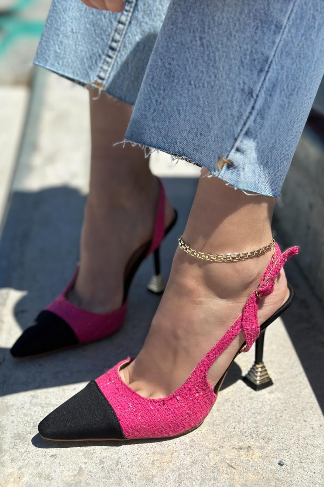 Volpina Satin Tweed Patterned Stiletto Fuchsia