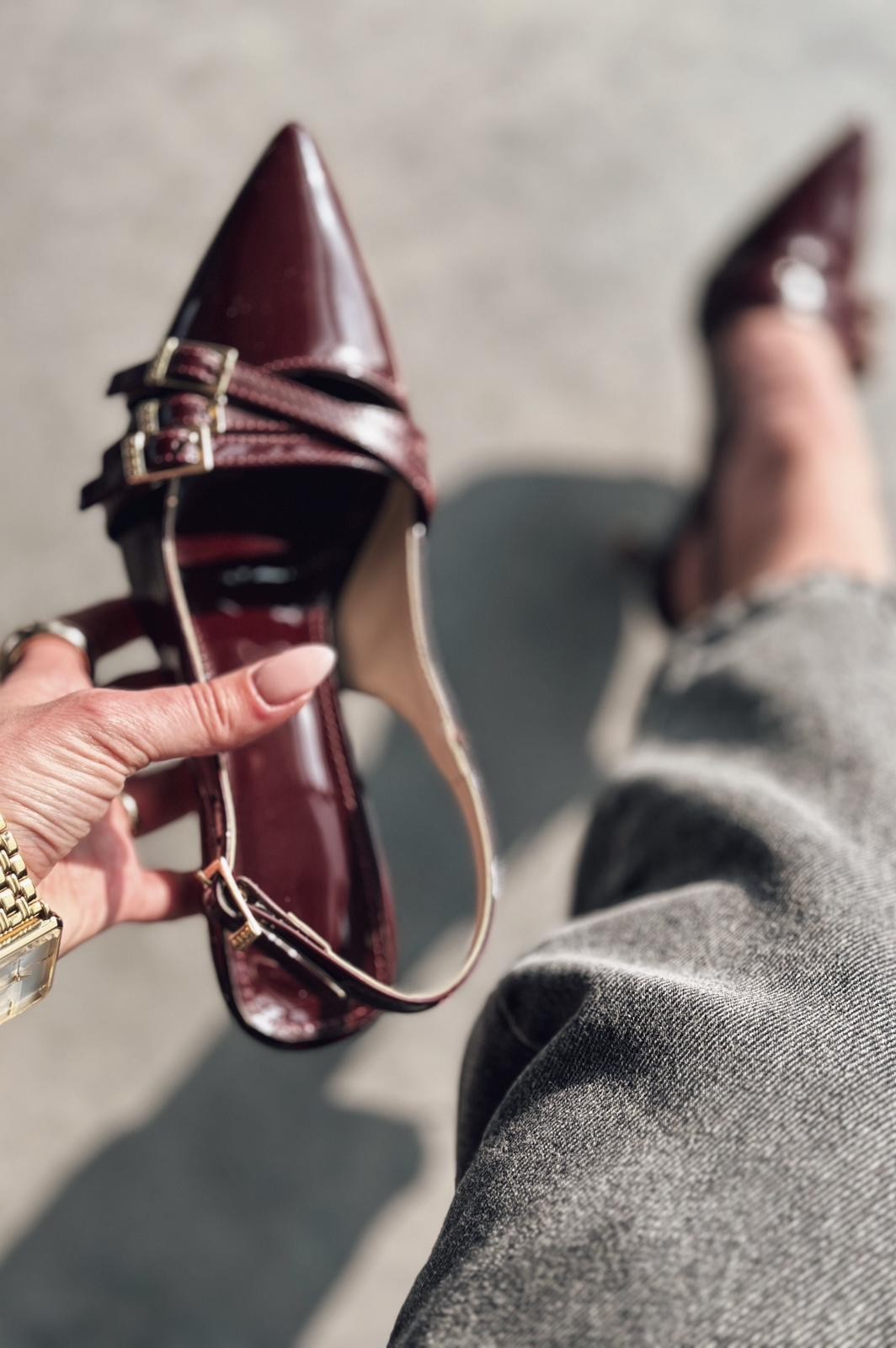 Cherry Molens Patent Leather Buckle Detail Short Heel Stiletto Burgundy