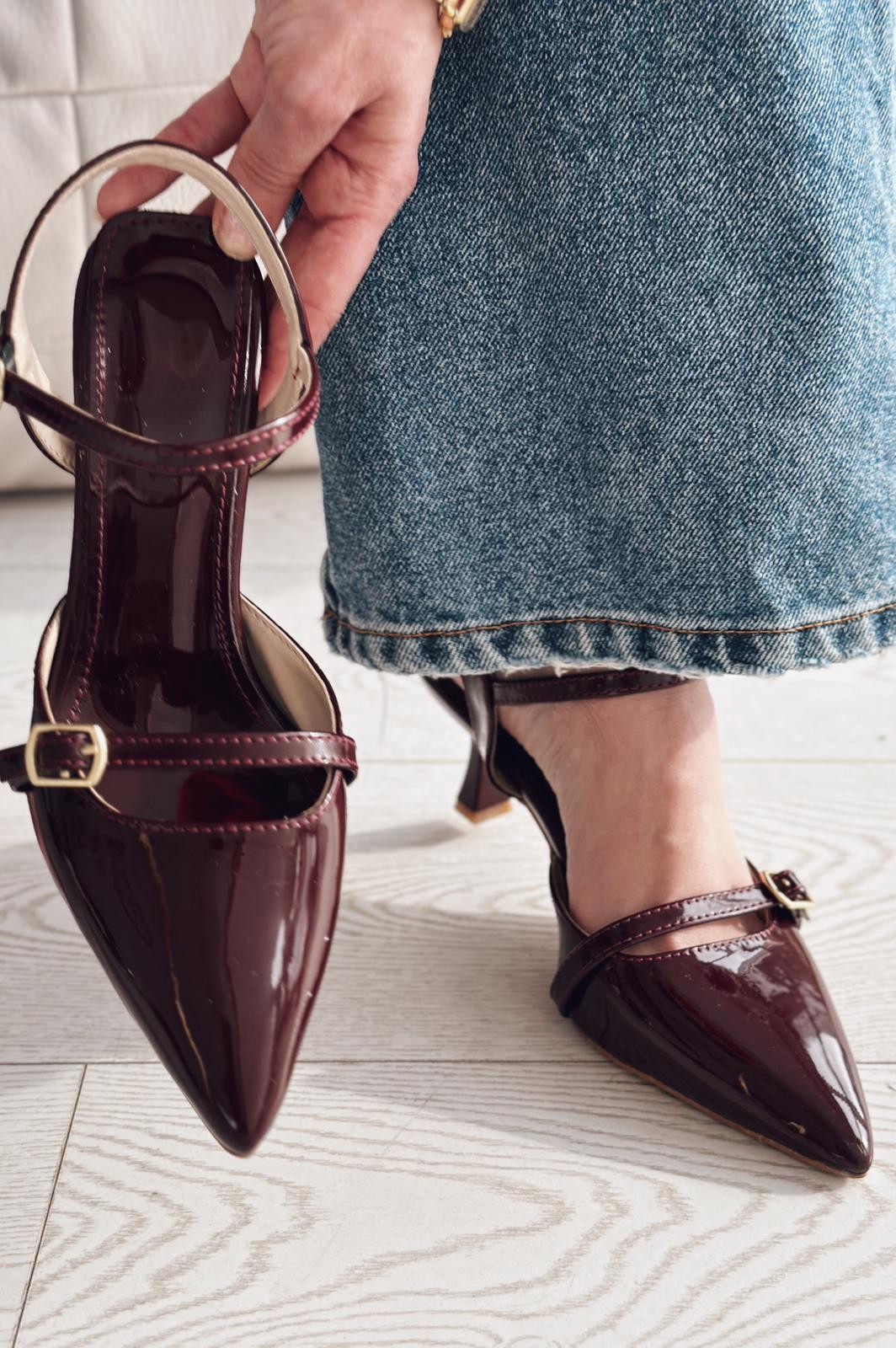 Cherry Lina Patent Leather Stiletto Short Heels with Buckle Detail Burgundy