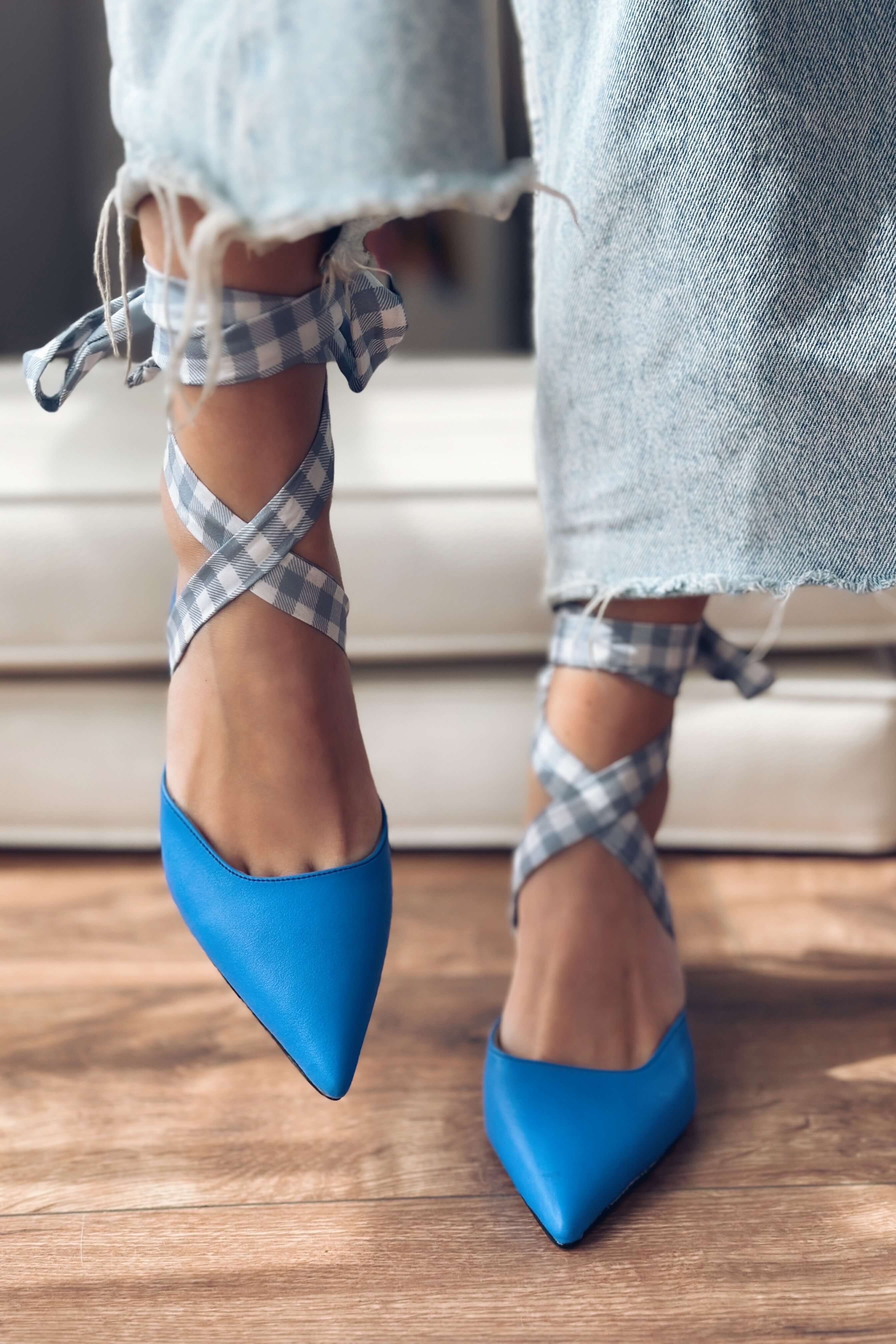 Vikons Matte Leather Plaid Detailed Women Stiletto Blue