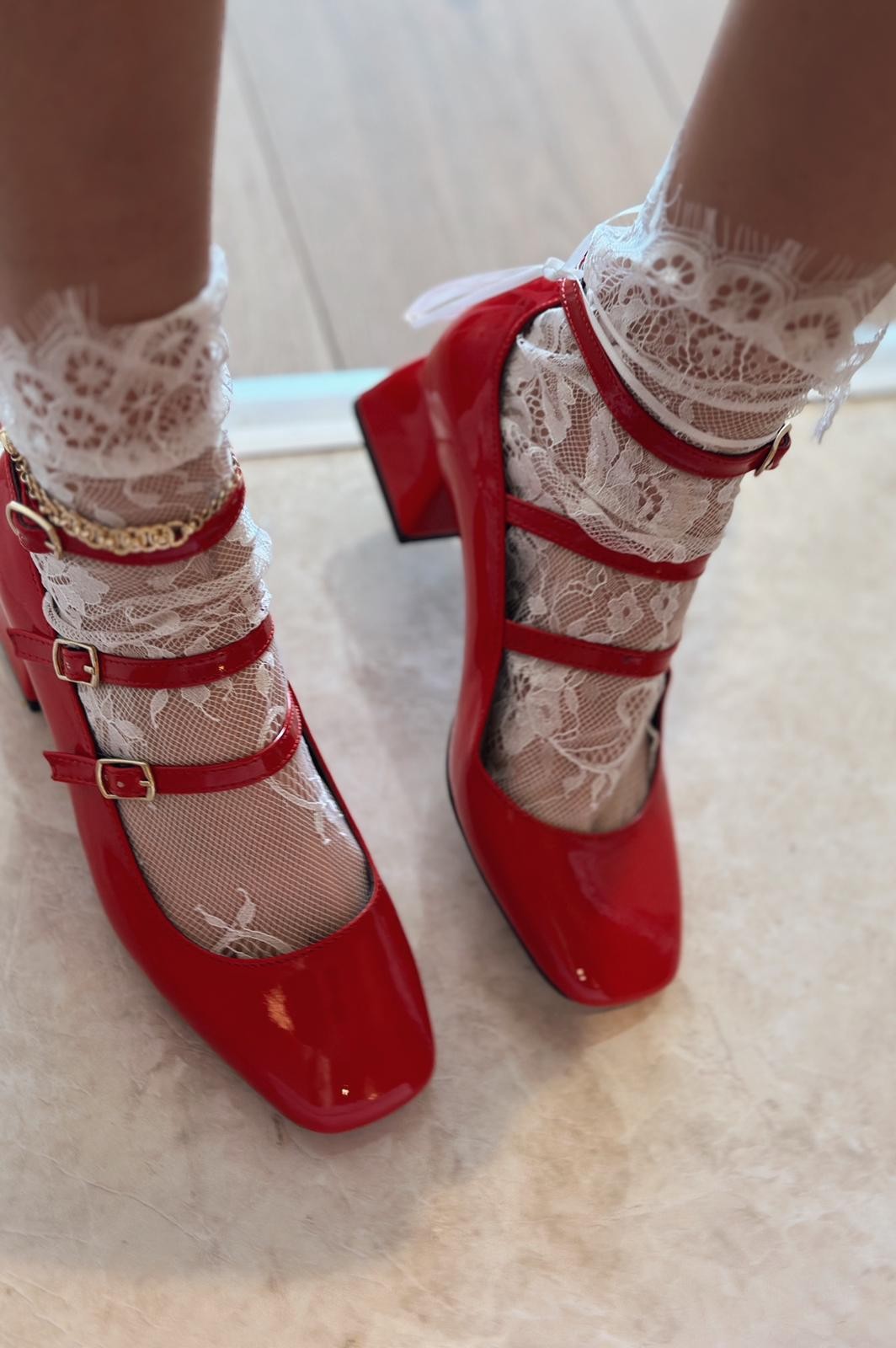 Noteras Rugan Mary Jane Kadın Topuklu Ayakkabı Kırmızı