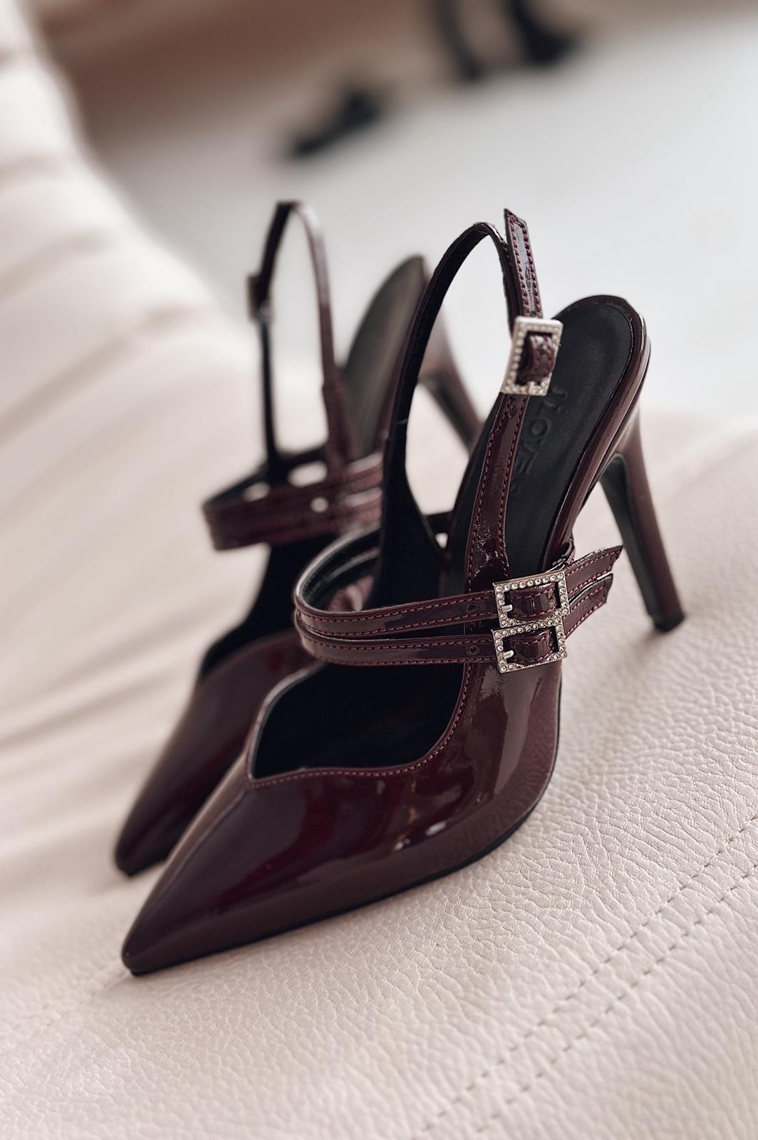 Pontes Patent Leather Stone Buckle Detailed High Heeled Stiletto Burgundy