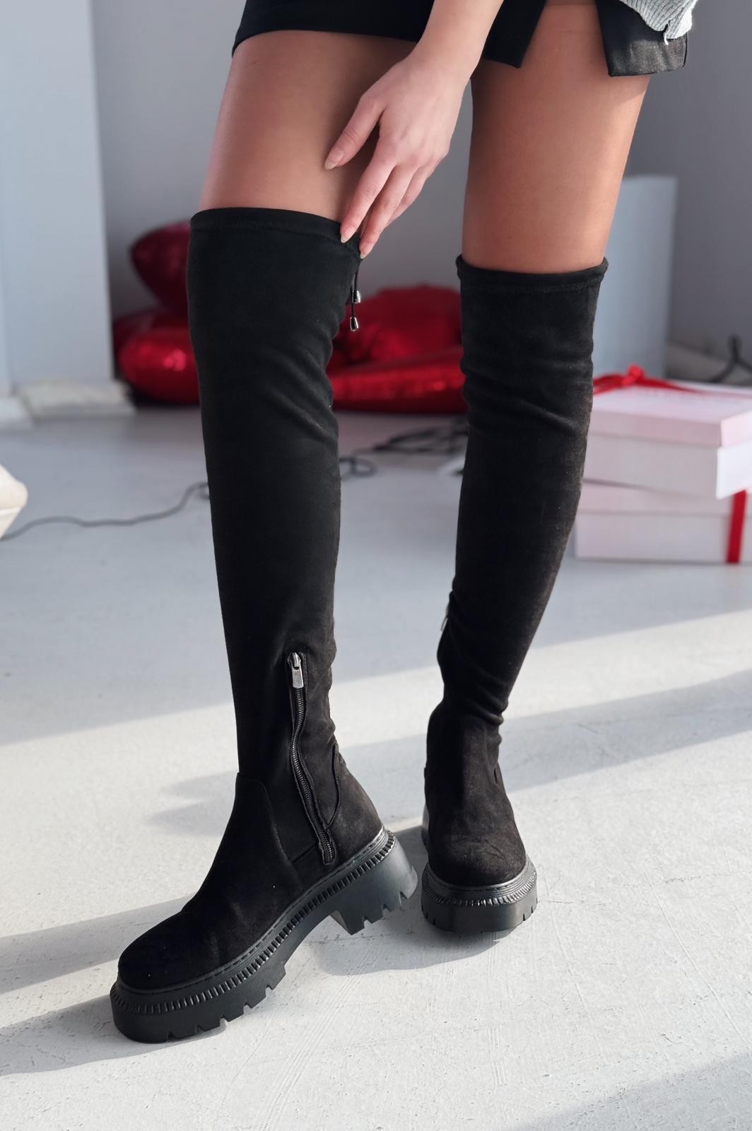 Black Suede Zipper Over-the-Knee Women's Sock Boots