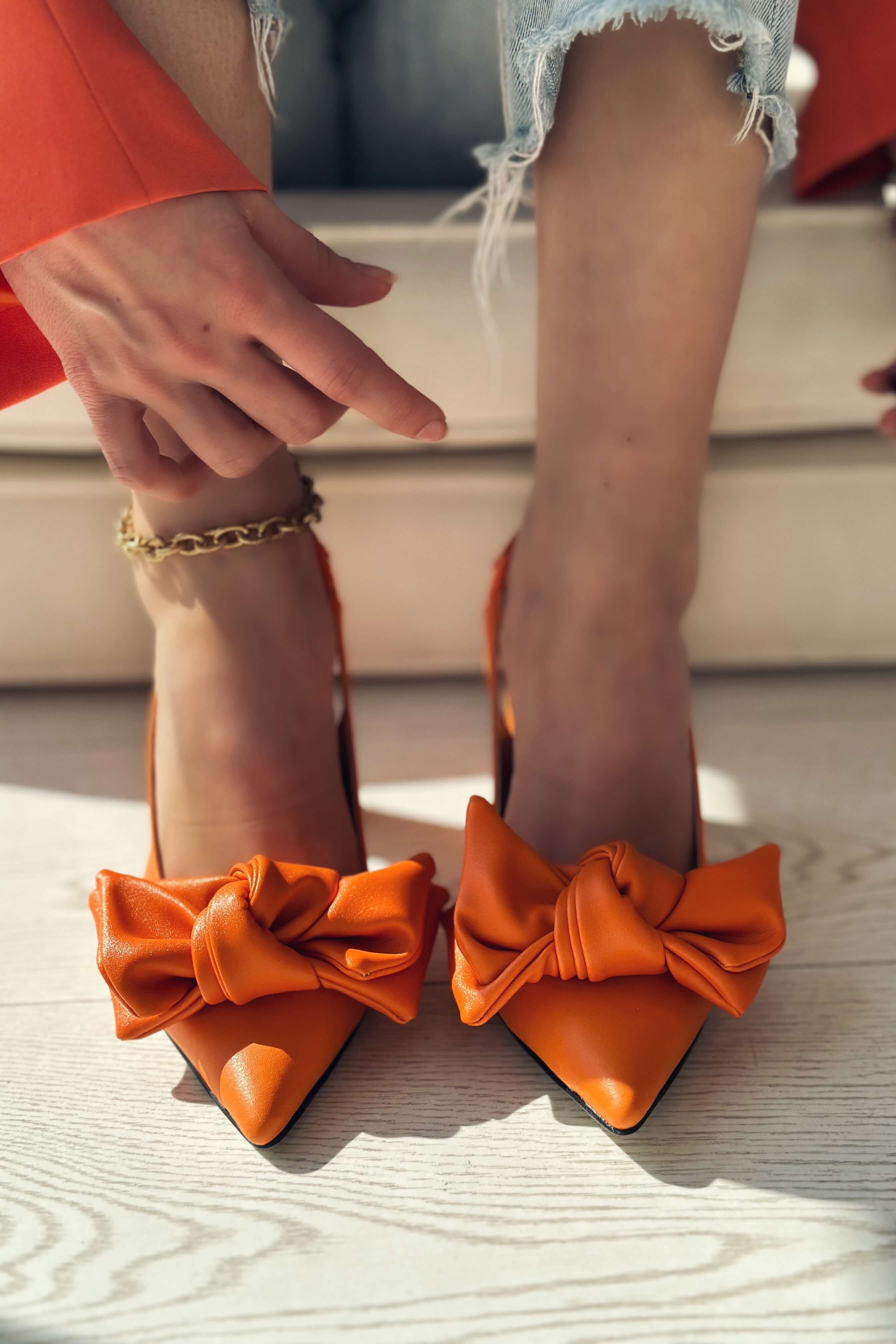 Colisna matte leather ribbon detailed female stiletto orange