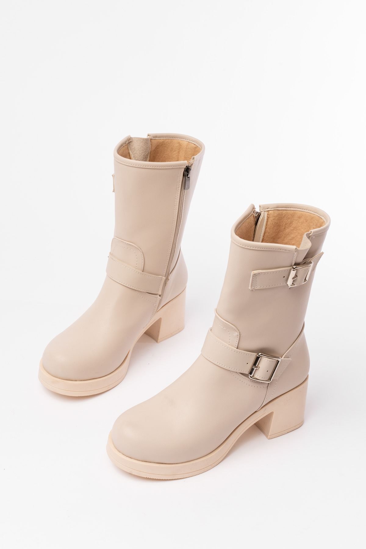 Kalora Beige Zipper Heel Women's Boots