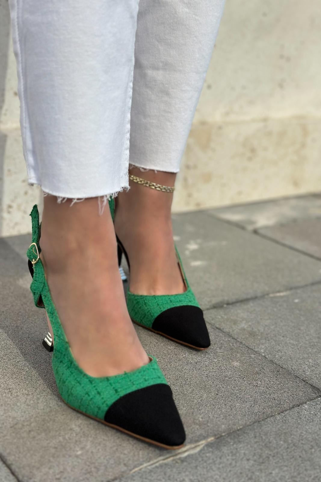 Volpina Satin Tweed Patterned Stiletto Green