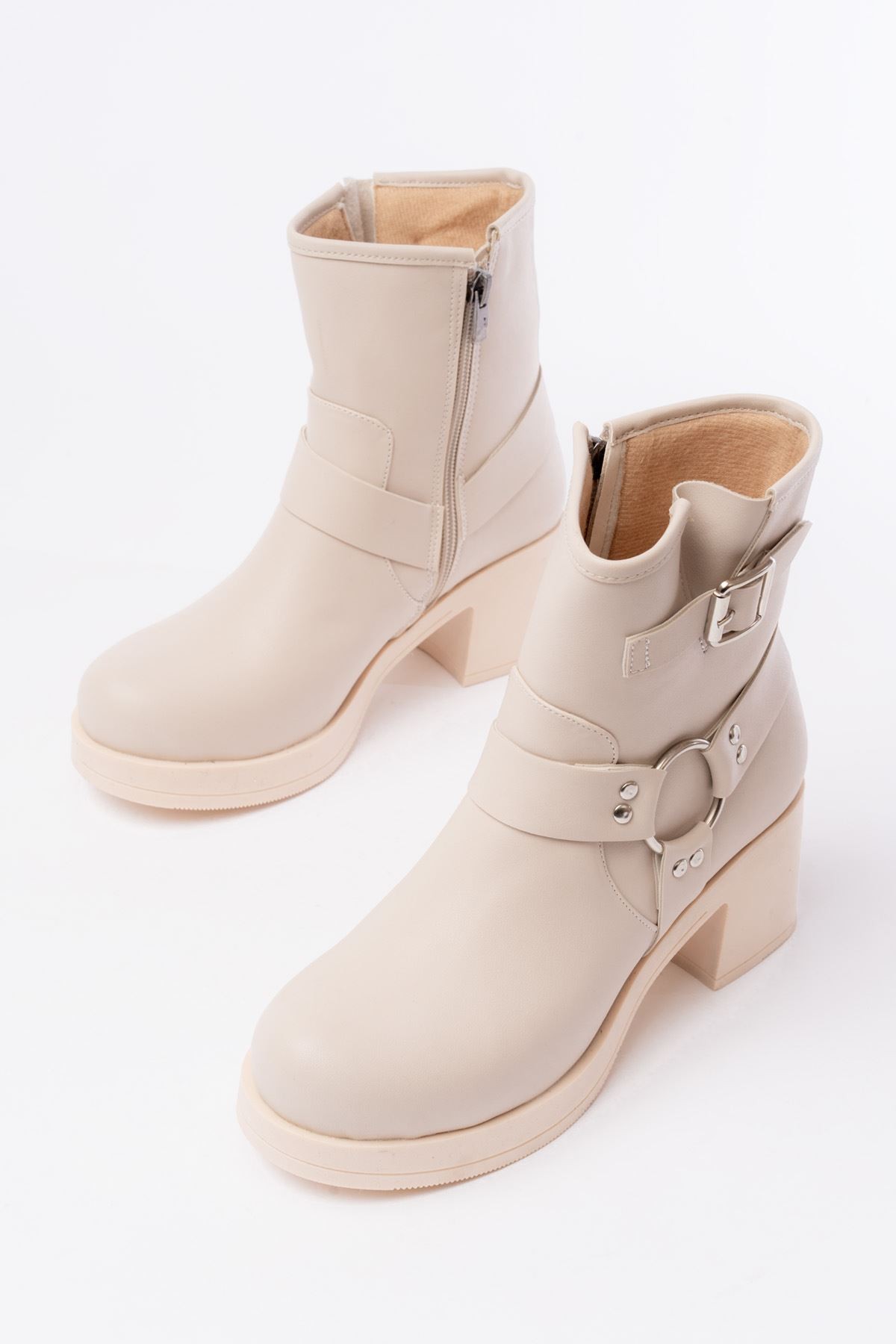 Lobixa Beige Zipper Heel Women's Boots