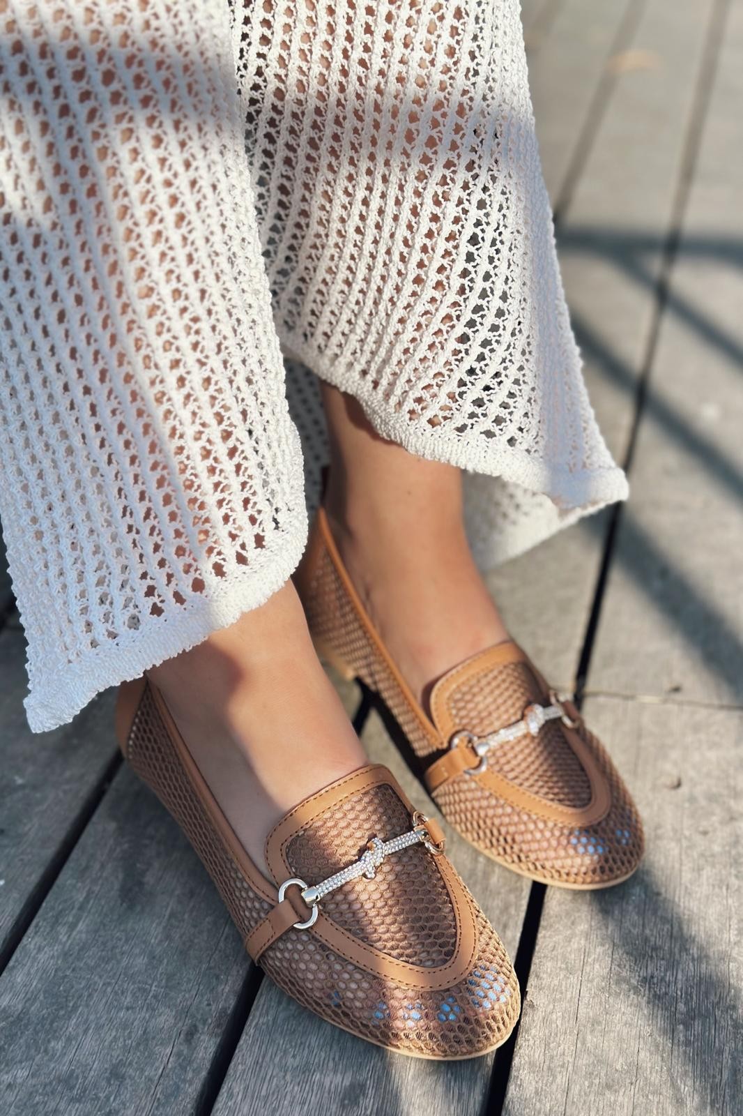 Nojita Mesh Stone Buckle Detailed Loafer Tan